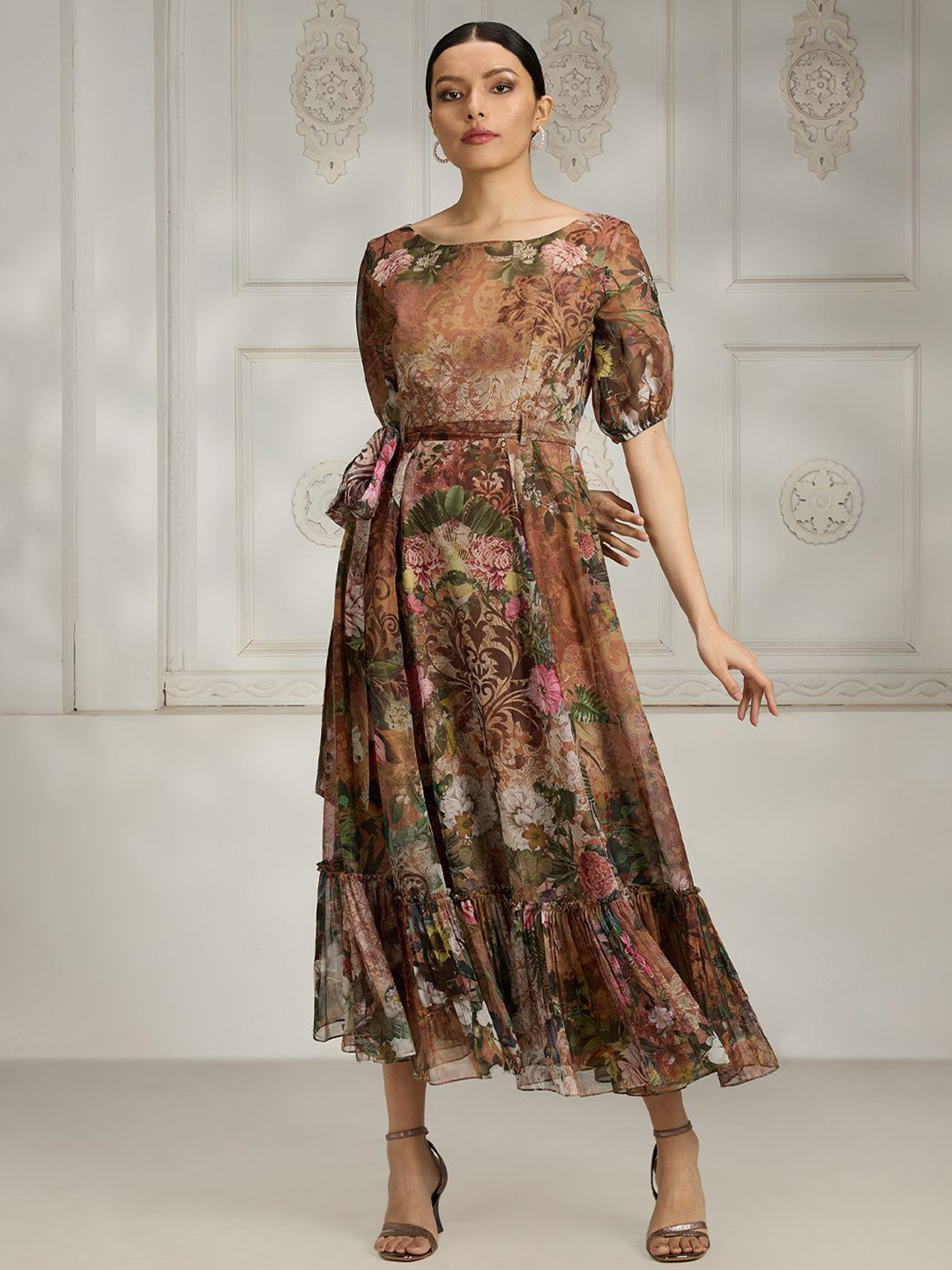 Rivaar By Rocky Star Floral Print Round Neck Puff Sleeves A-Line Midi Dress With Belt