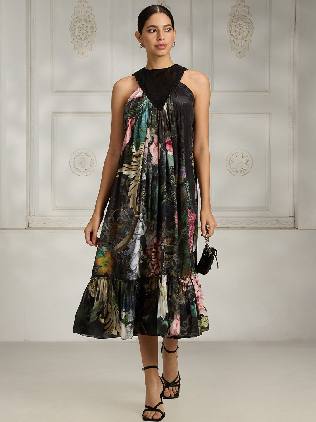 Rivaar By Rocky Star Women Floral Printed Lace Up A Line Midi Dress