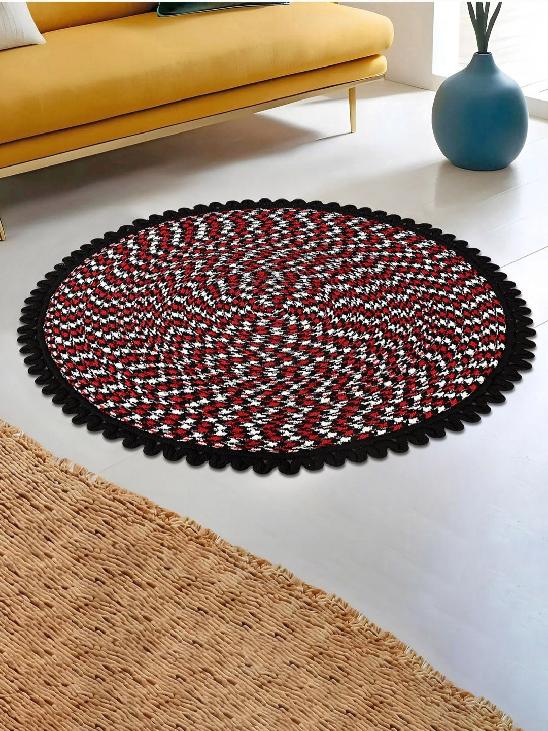 Myntra Elegant Homes Black & Red Spiral Design Round Cotton Doormat