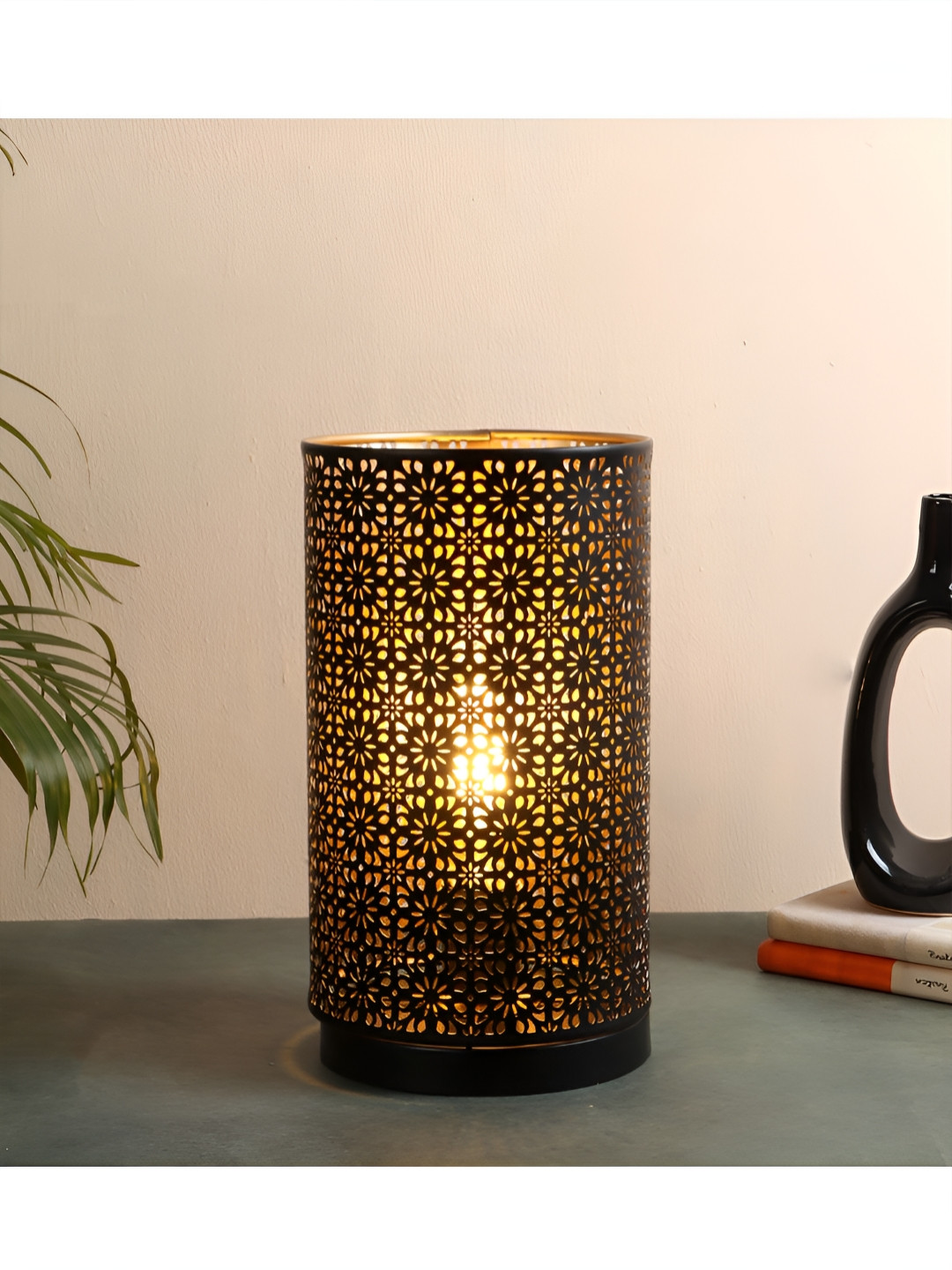 Two Moustaches Black & Gold Toned Textured Metal Cylinder Shaped Table Lamp