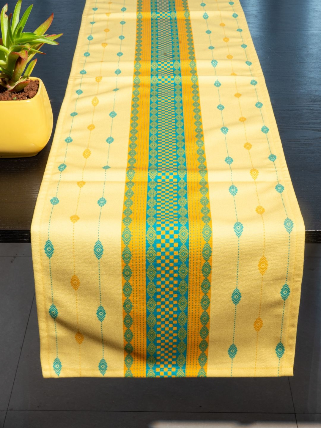 Indisca Designs Yellow & Green Sambalpuri Ikat Splendour Printed Table Runner