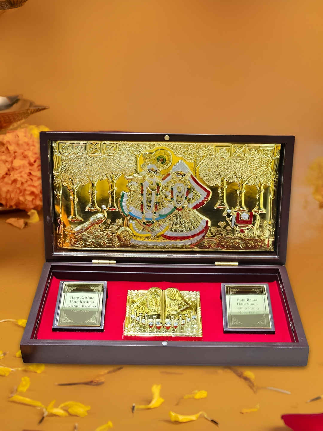 HOUSE OF WEMY Brown & Red Radha Krishna Religious Foot Prints Pocket Temple