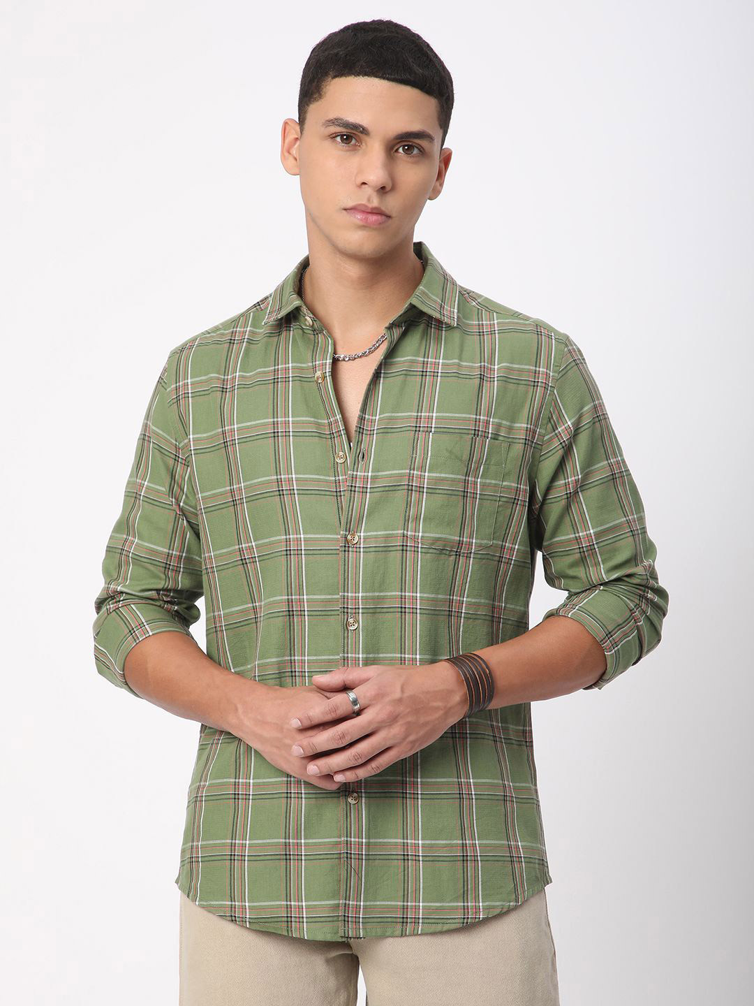 VASTRADO Men Premium Cotton Basil Green Tartan Checked Shirt