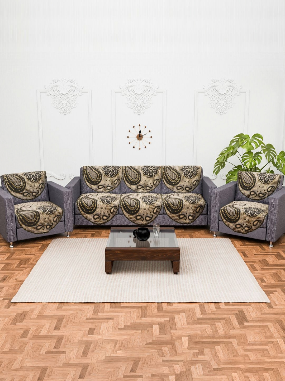 Myntra Elegant Homes Brown & Cream 10Pcs Carry Flower Textured Cotton 5 Seater Sofa Covers