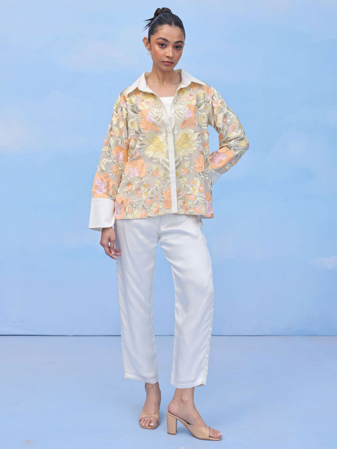 COUCHE BY ANANDINI Women Premium Floral Embroidered Oversized Party Shirt