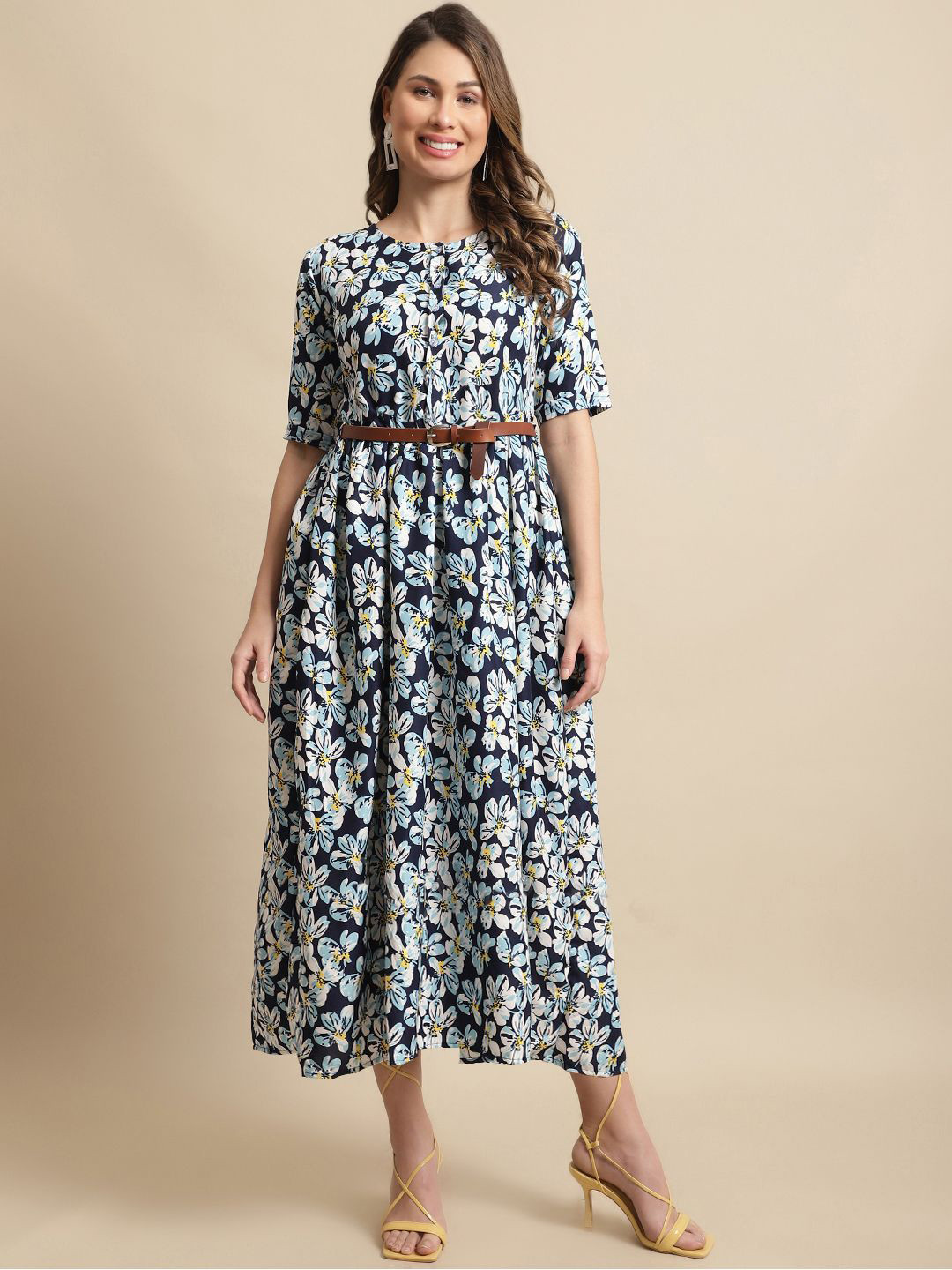 Metronaut Floral Print Round Neck Fit & Flare Midi Dress Comes With Belt
