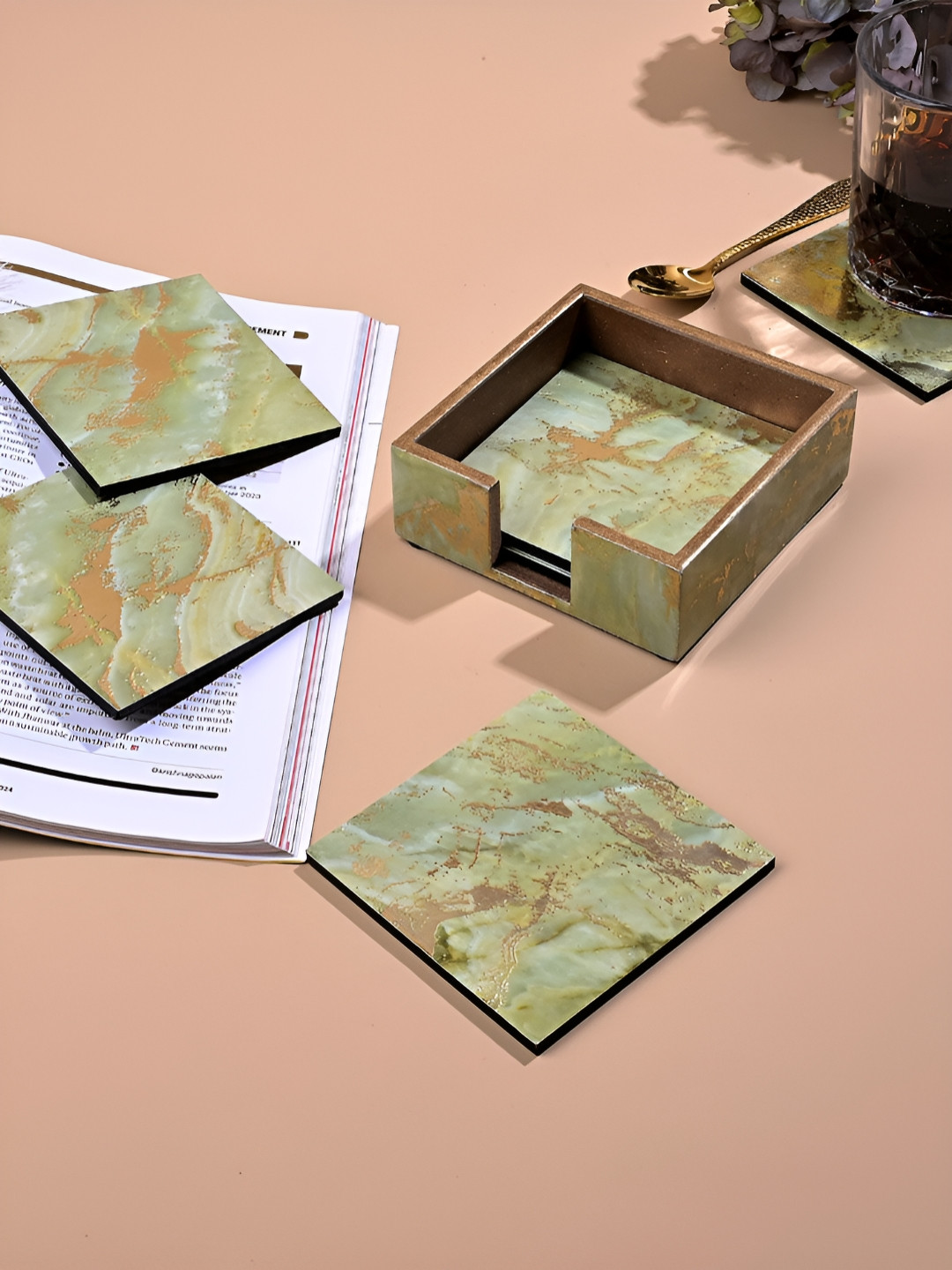 Storepedia 6 Pieces Green & Gold-Toned Printed Square Wooden Coasters With Stand