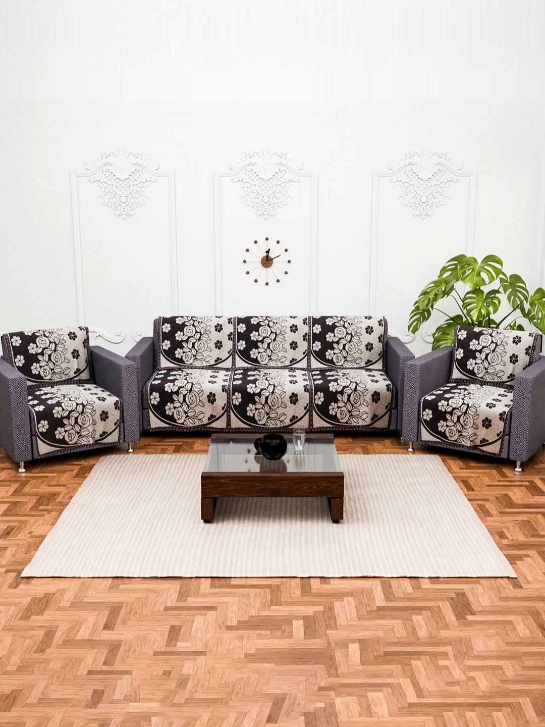 Myntra Elegant Homes Cream & Burgundy 10 Pieces Gulab Textured Cotton 5 Seater Sofa Covers