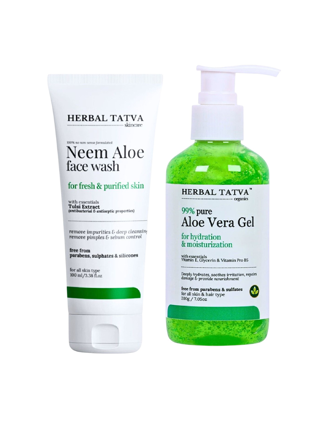 HERBAL TATVA Set Of Neem Aloe Face Wash 100ml and 99% Pure Aloe Vera Gel 200g