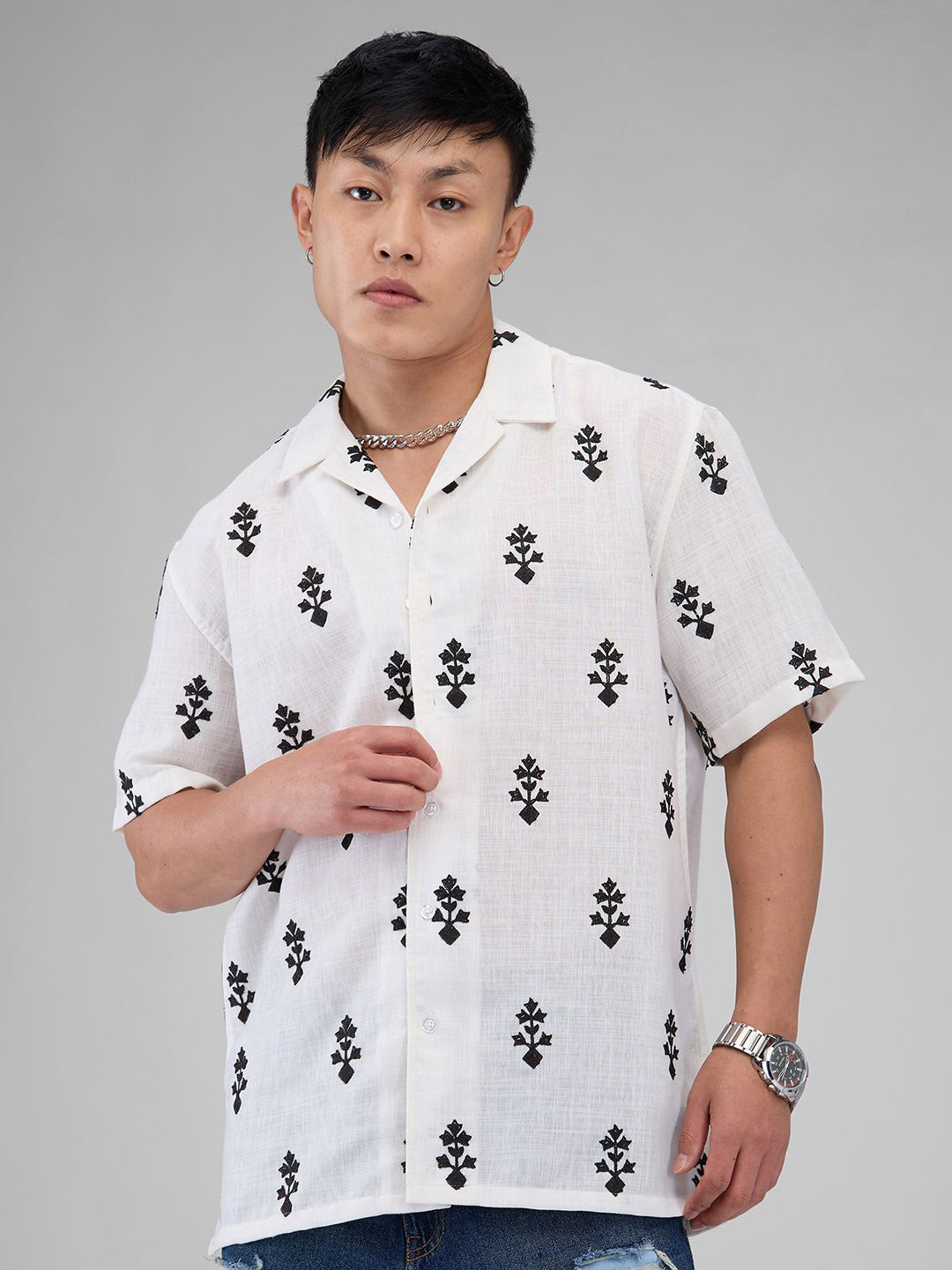 VASTRADO Men White & Black Motifs Embroidered Cuban Collar Oversized Shirt