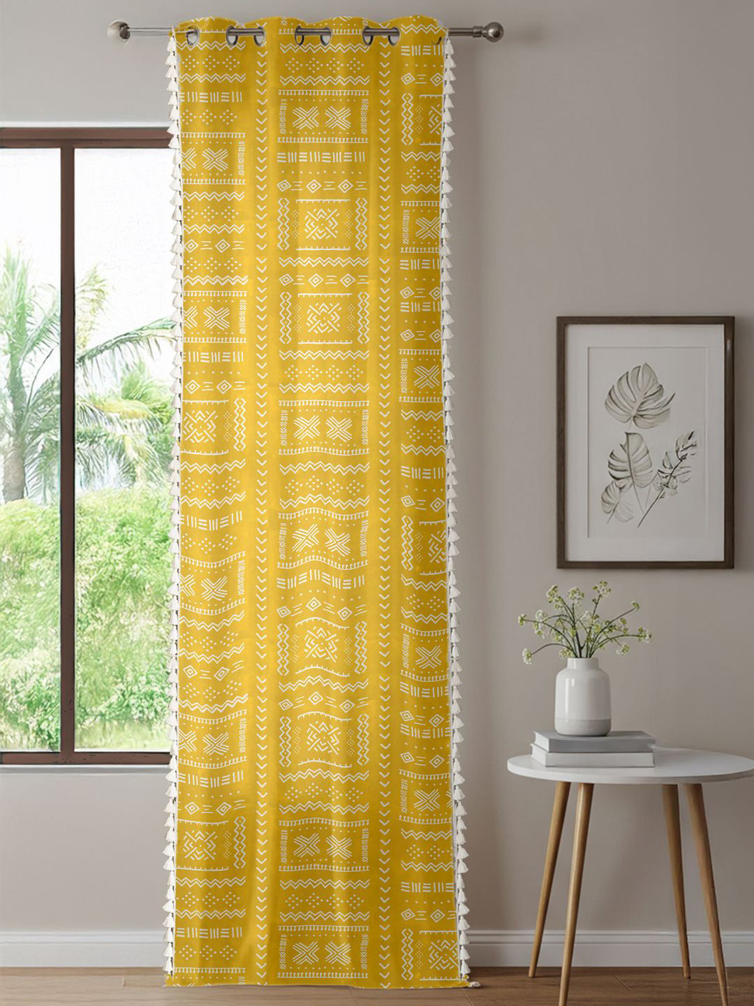 URBAN SPACE Zahara Mustard & White Geometric Printed Cotton Door Curtain