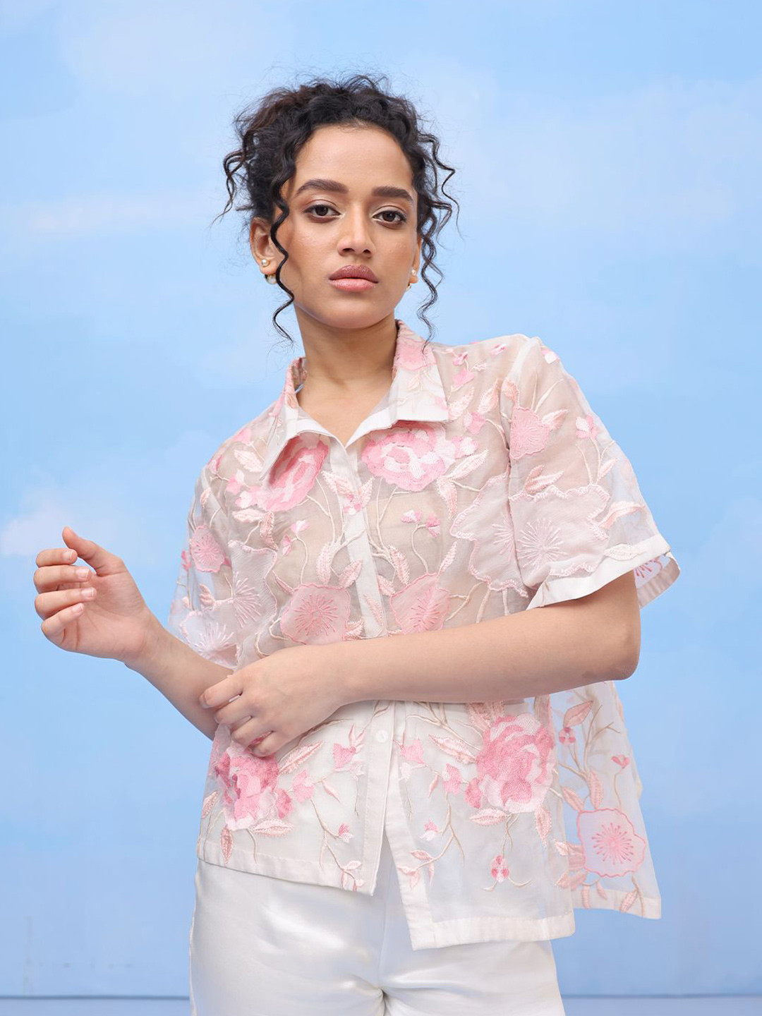 COUCHE BY ANANDINI Sweet Cherry Blossom Women Oversized Floral Embroidery Sheer Shirt