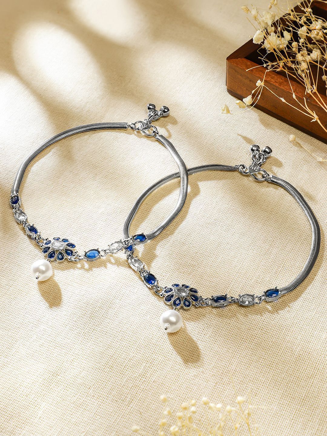 Rubans Set of 2 Oxidised Silver-Plated Blue & White Kundan Stone Anklets with Pearl Accent