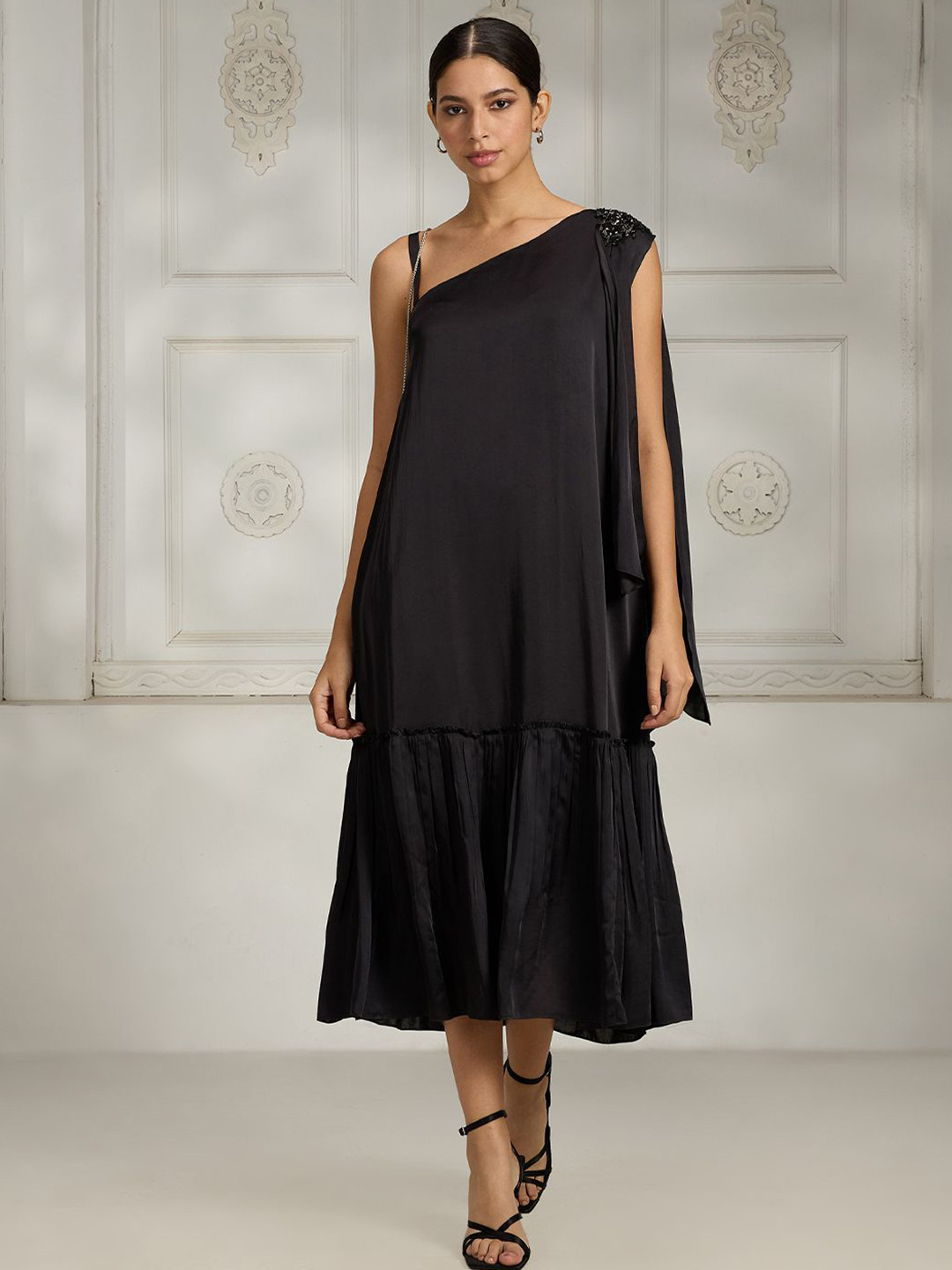 Rivaar By Rocky Star Solid Halter Neck Embellished Crepe Drop Waist Midi Dress