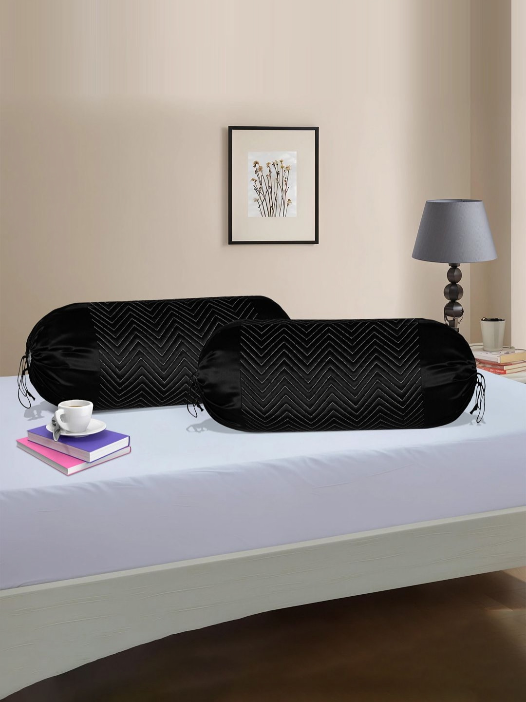 Myntra Elegant Homes 2-Pcs Black Zig-Zag Patterned Breathable Allergen Free Bolster Covers