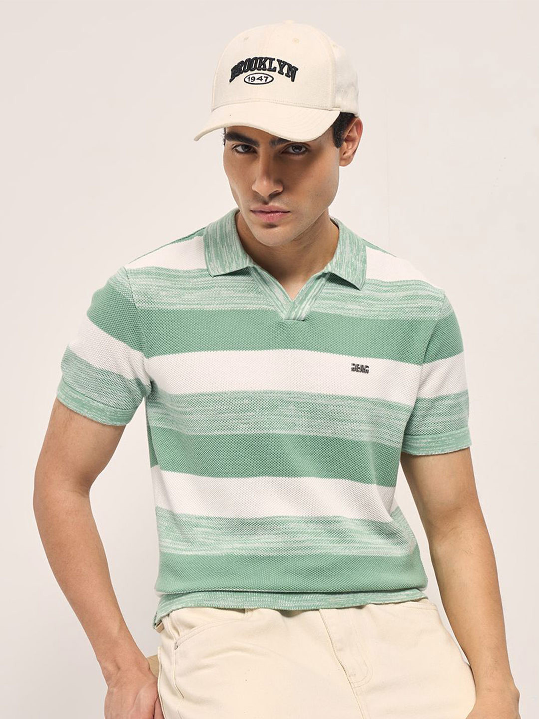 THE BEAR HOUSE Men Striped Polo Collar Slim Fit Cotton T-shirt