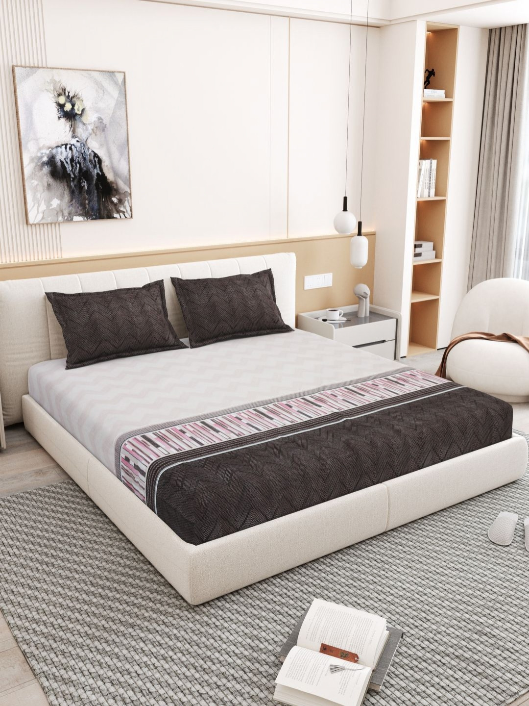 ADHUNA Sunova Brown Chevron Cotton 250 TC Single Fine Bedsheet with 2 Pillow Covers-91 x 81 x 17 cm