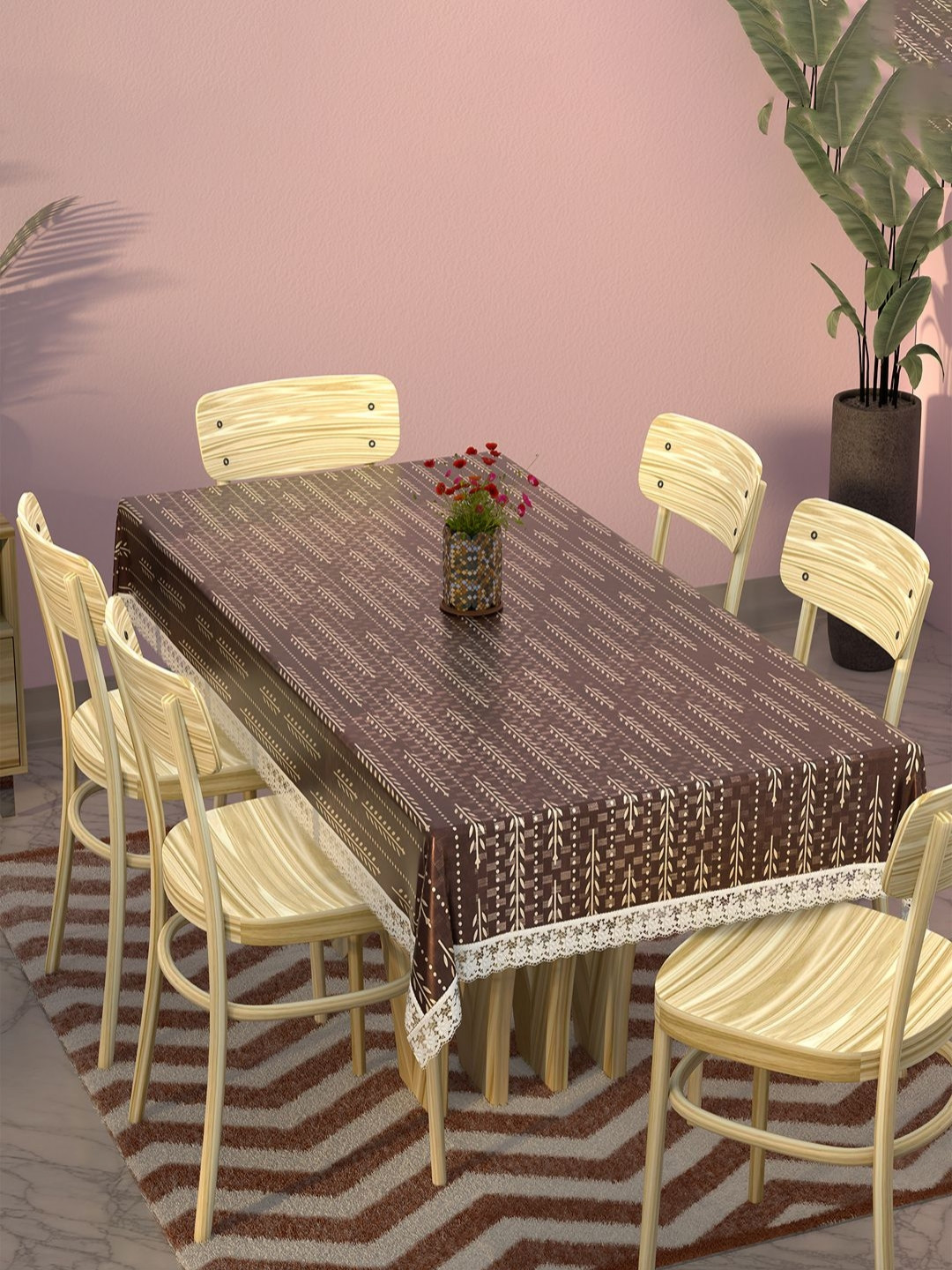 Myntra Elegant Homes Brown & Cream Lining Leaf PVC 6-Seater Table Cover