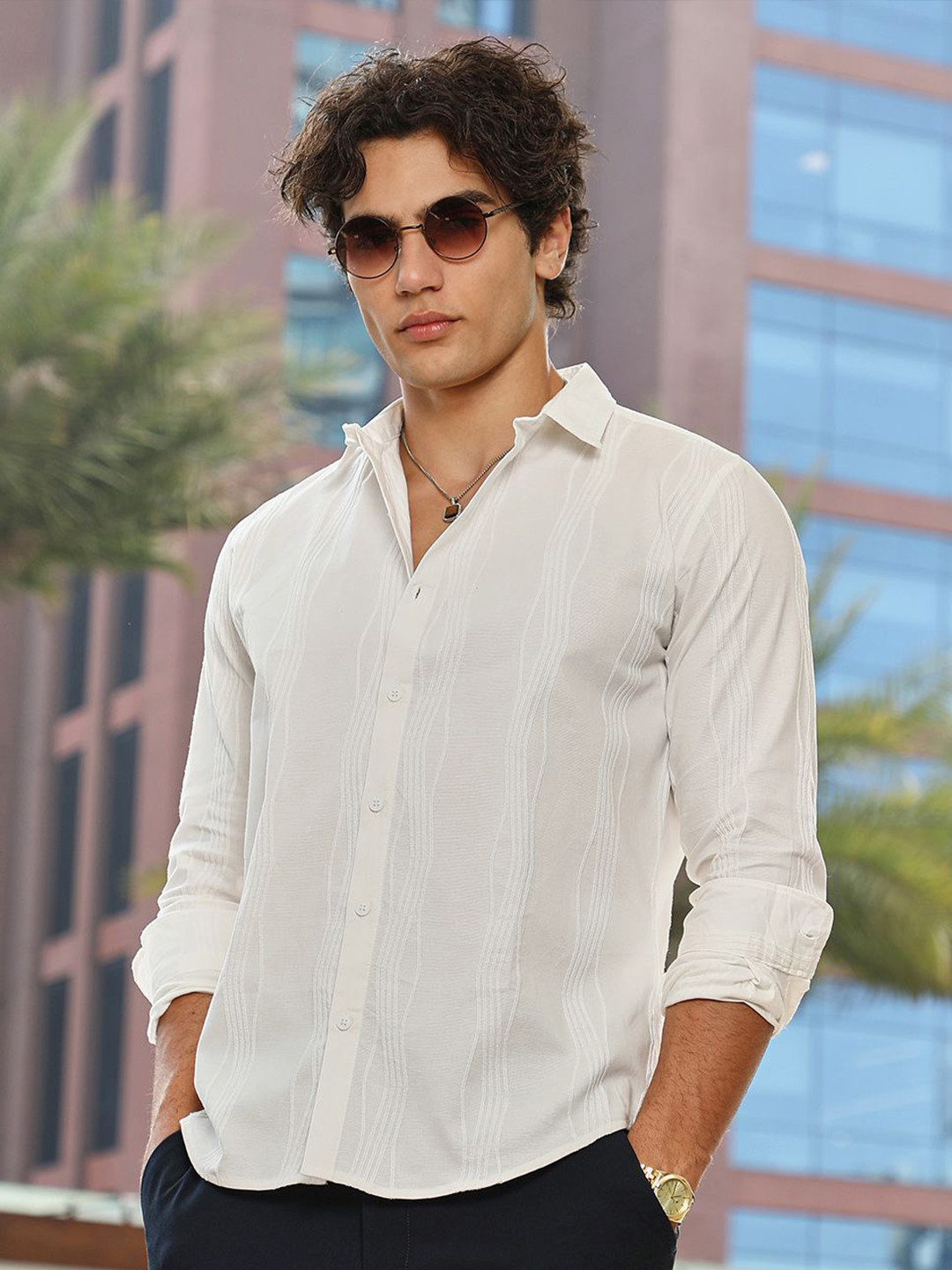 Campus Sutra Men Swirl-Tactile Textured Classic Regular Fit Casual Shirt