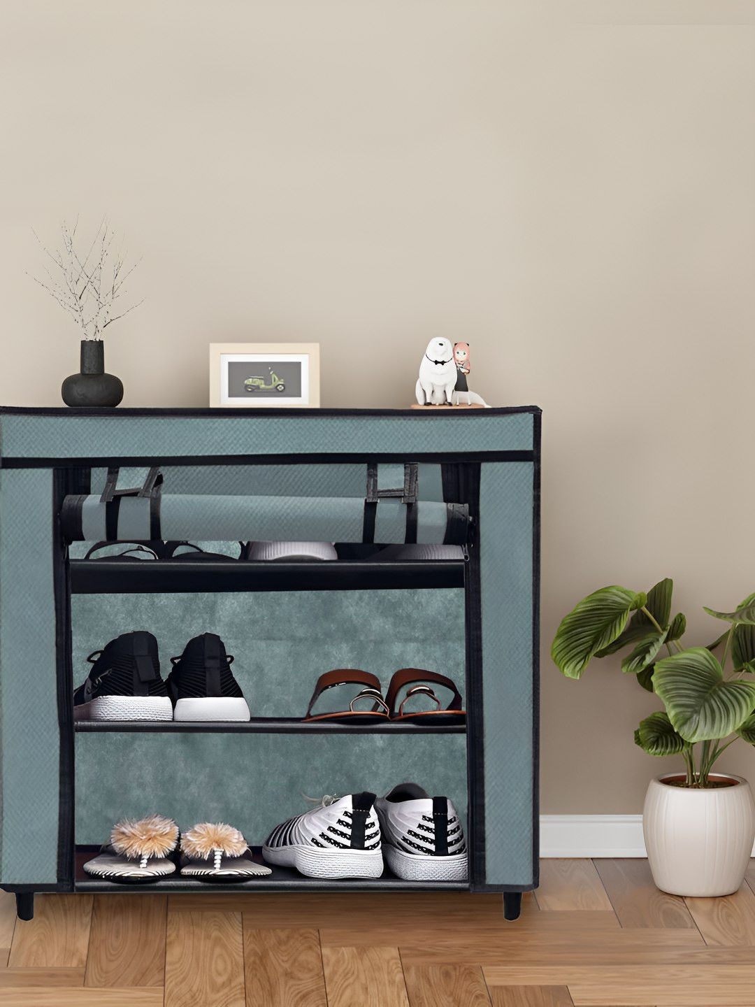 Rmerchants Grey & Black 3 Layers Stainless Steel Collapsible Shoe Rack With Dust Cover