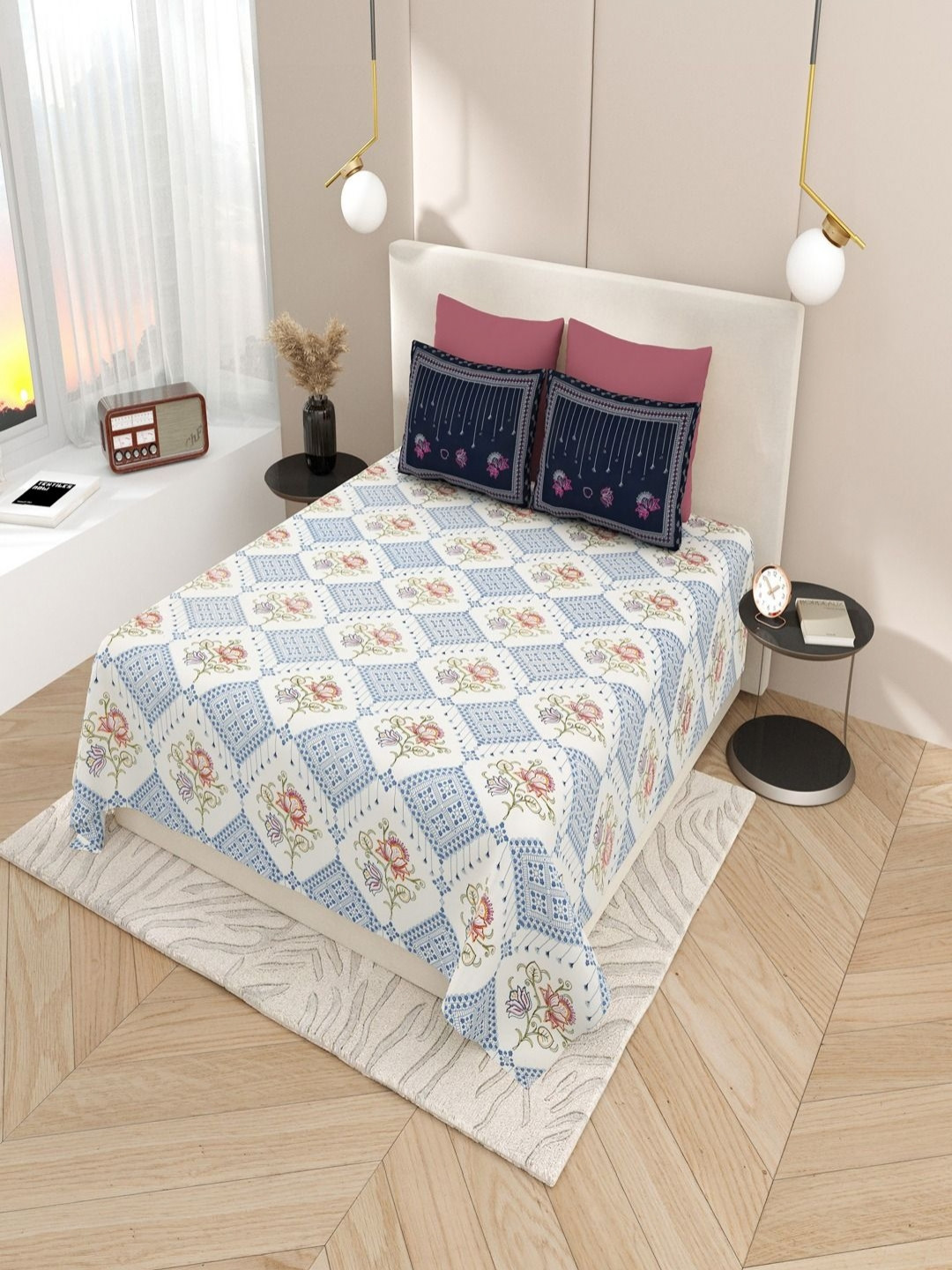 Bombay Spreads Kashida Blue & White Printed Pure Cotton 180TC King Bedsheet Set 2.7 x 2.7m