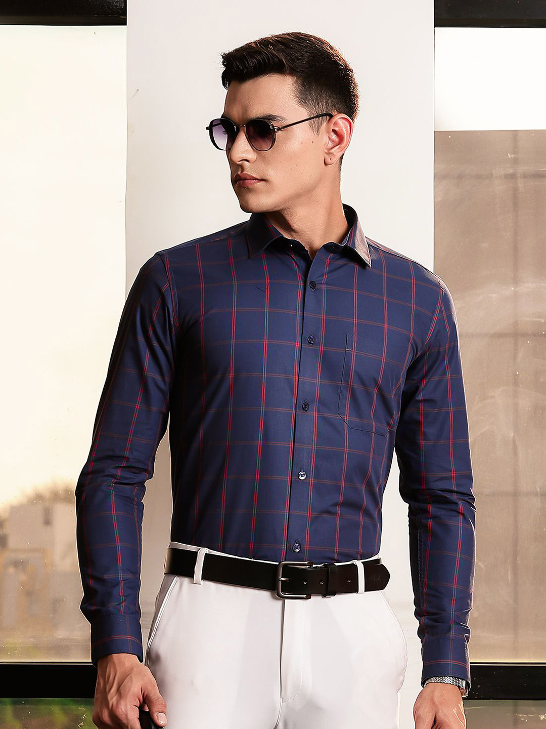 INVICTUS Men Premium Slim Fit Tartan Checked Cutaway Collar Pure Cotton Formal Shirt
