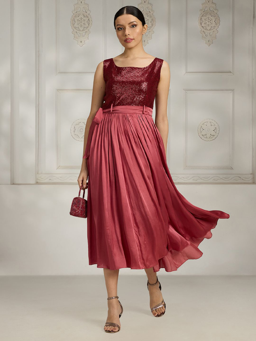 Rivaar By Rocky Star Sequinned Satin Fit and Flare Dress Comes With A Belt