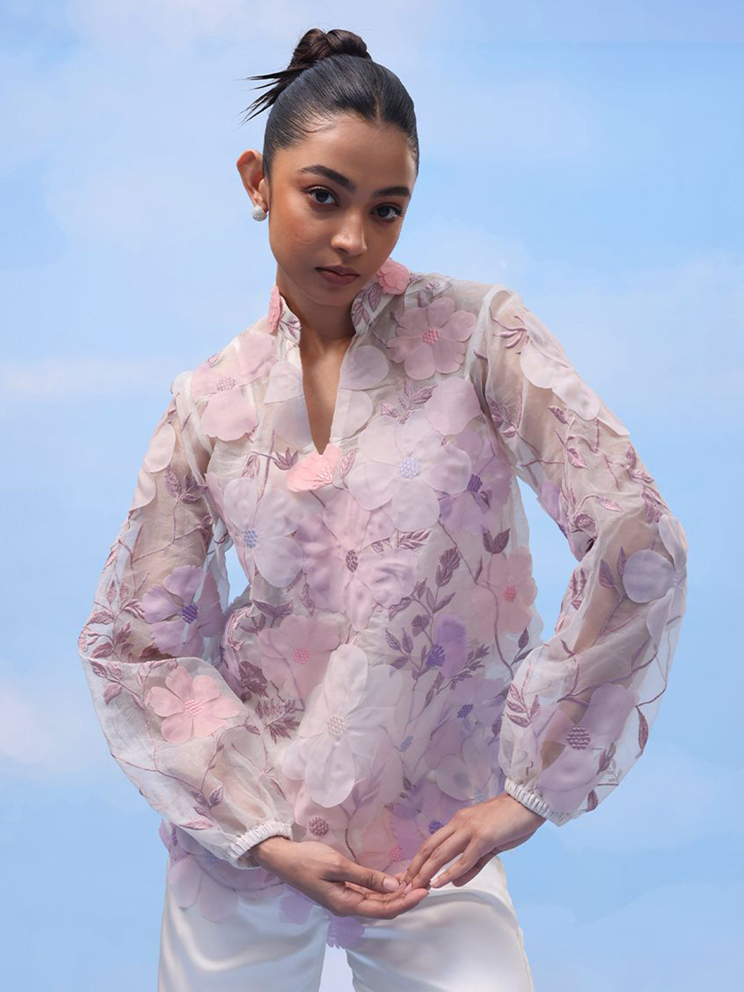 COUCHE BY ANANDINI Peonies Perfection Women Premium Floral Applique Detail Shirt