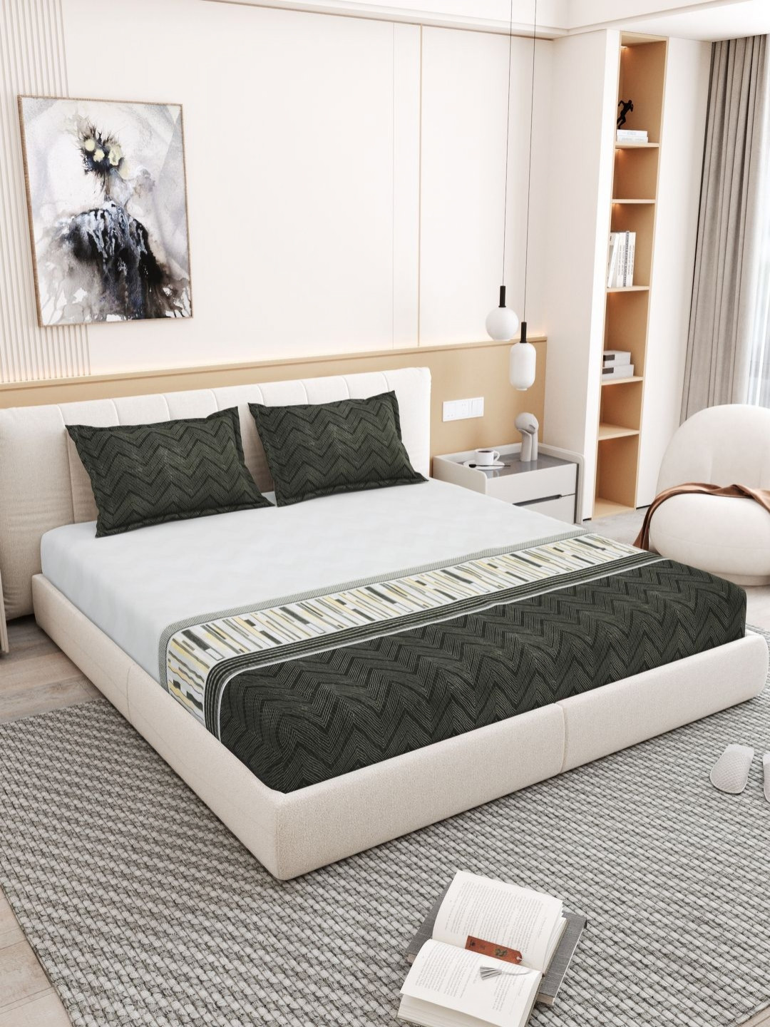 ADHUNA Olive Geometric Cotton 250 TC Single Fine Bedsheet with 2 Pillow Covers-220 x 144 cm