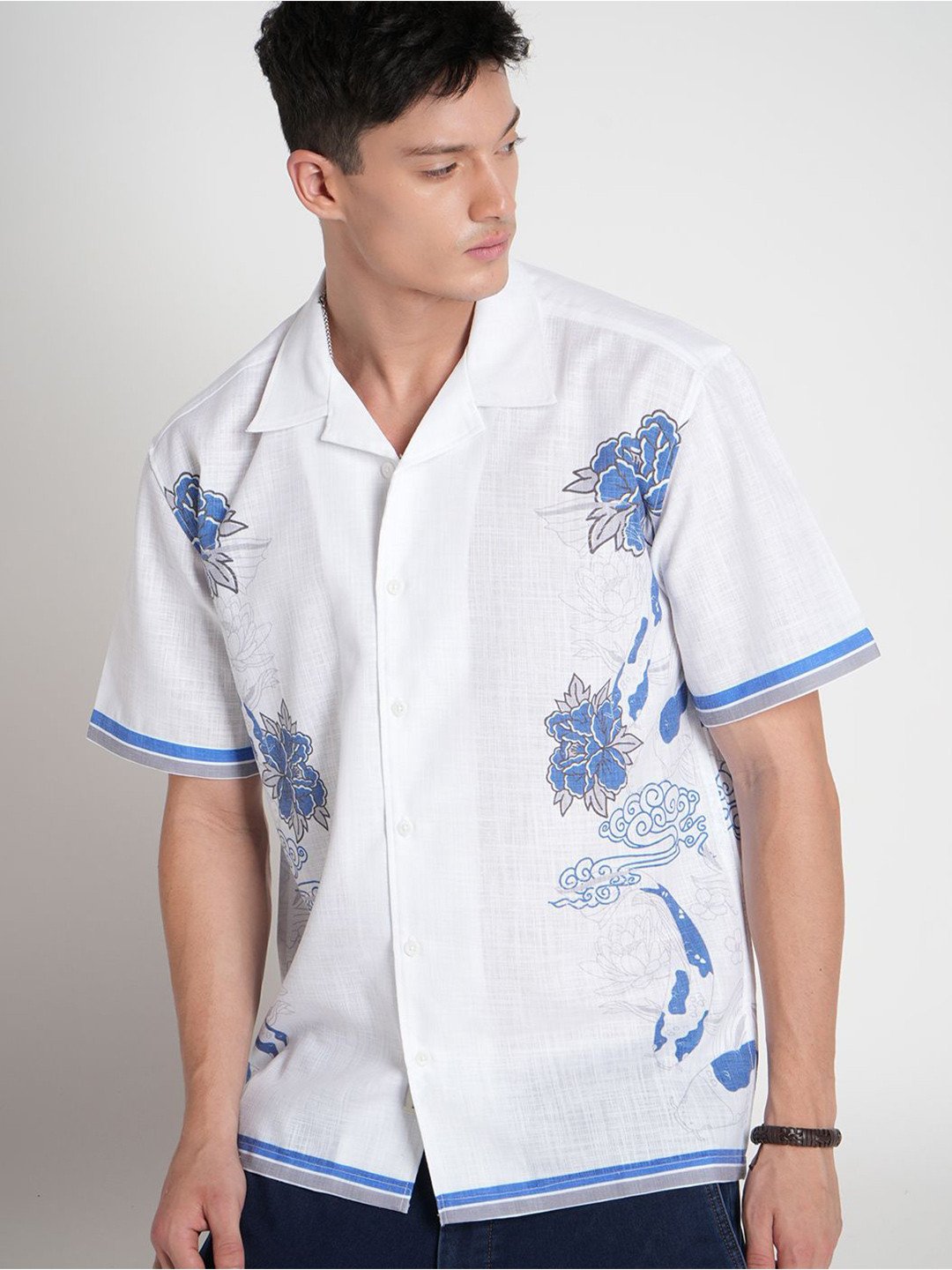 Voi Jeans Men Bohemian Printed Cuban Collar Casual Shirt