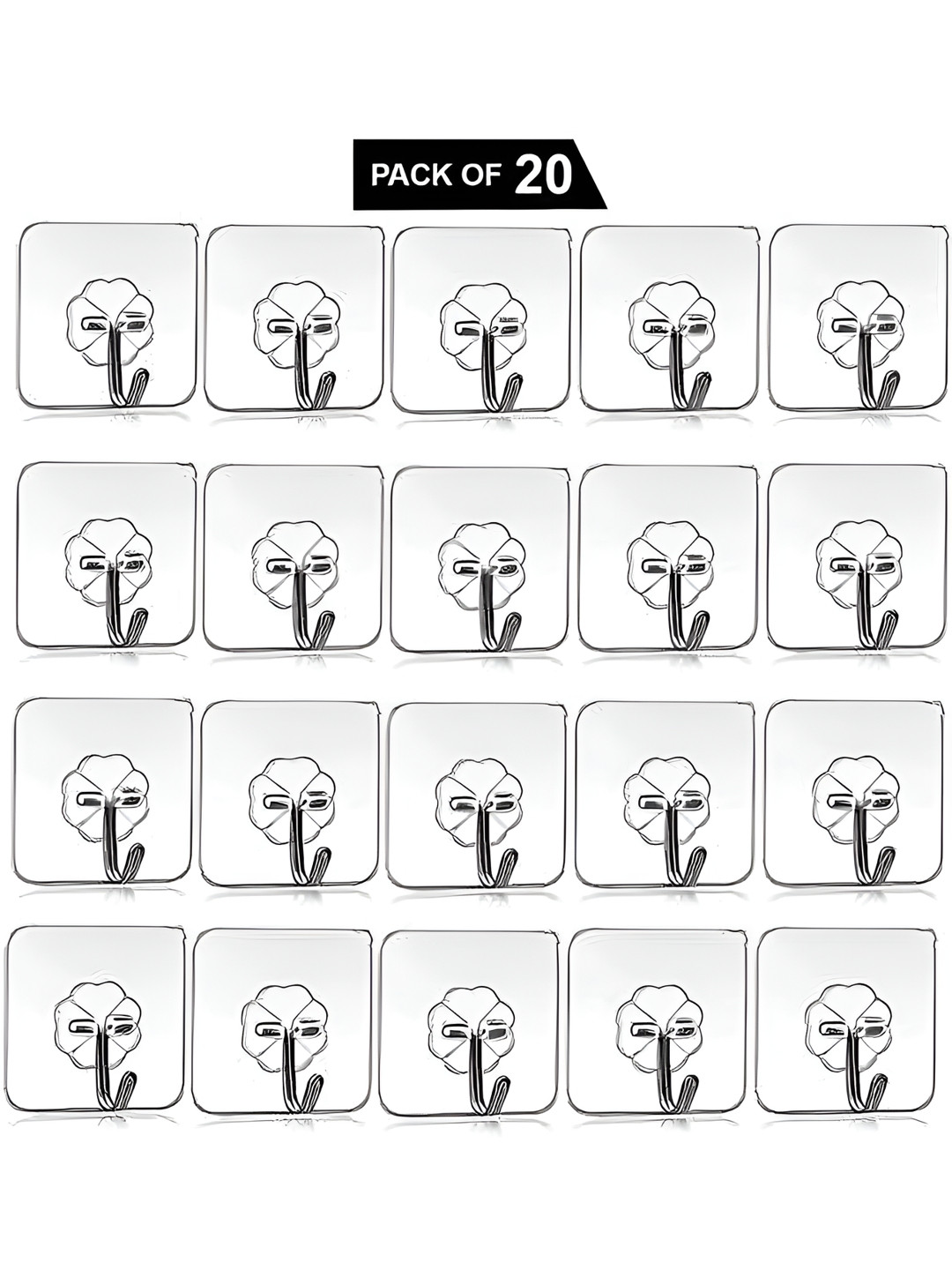 DeoDap 20-Pcs Transparent Waterproof & Oilproof Reusable Self-Adhesive Floral Wall Hooks