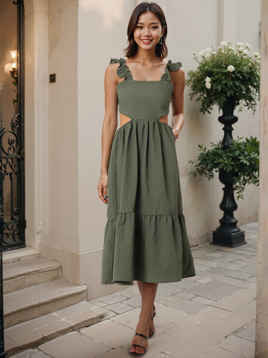 Freehand by The Indian Garage Co Women Self Design Tie ups Fit And Flare Midi Dress