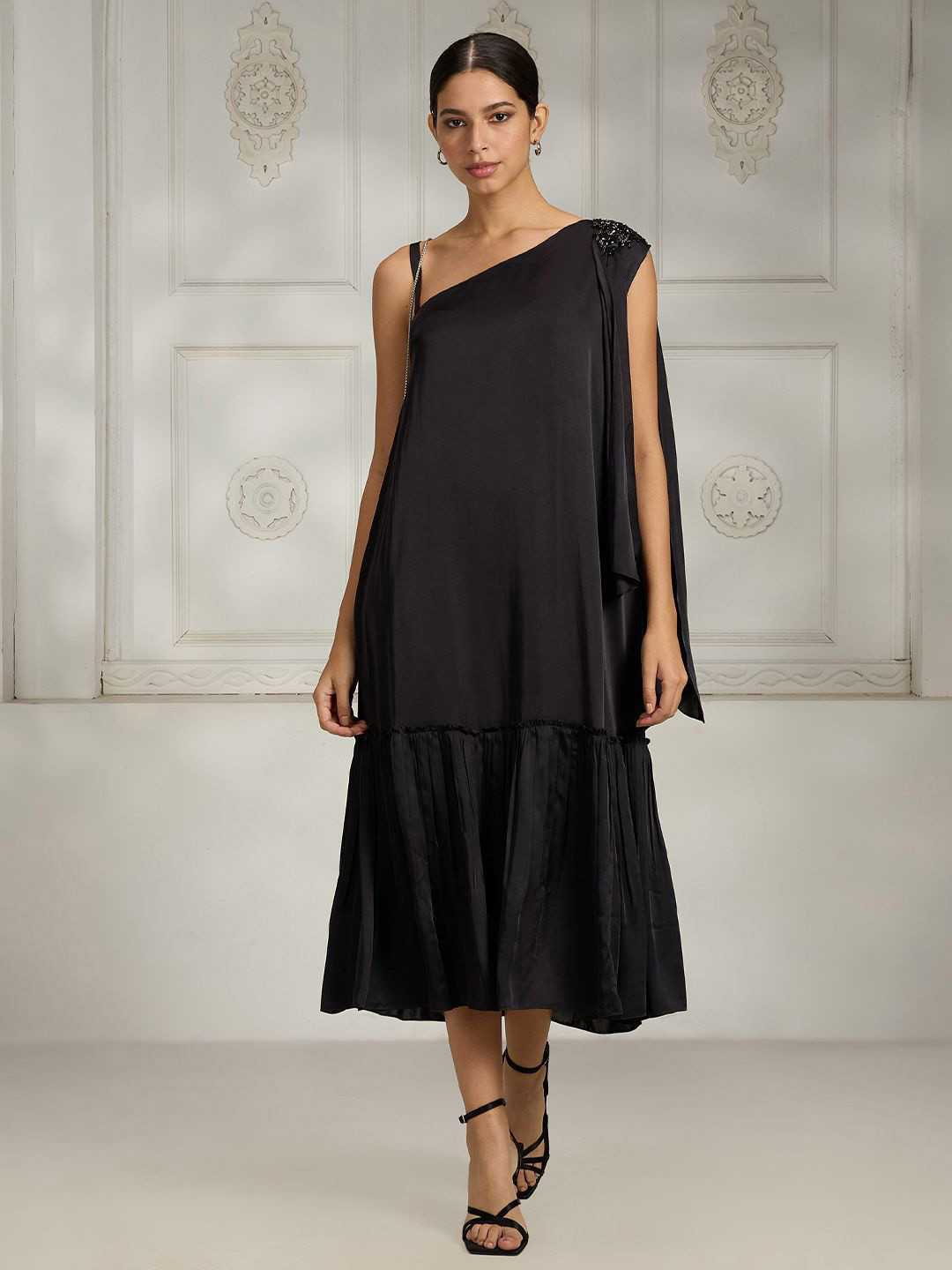 Rivaar By Rocky Star One Shoulder Embellished Satin A-Line Dress