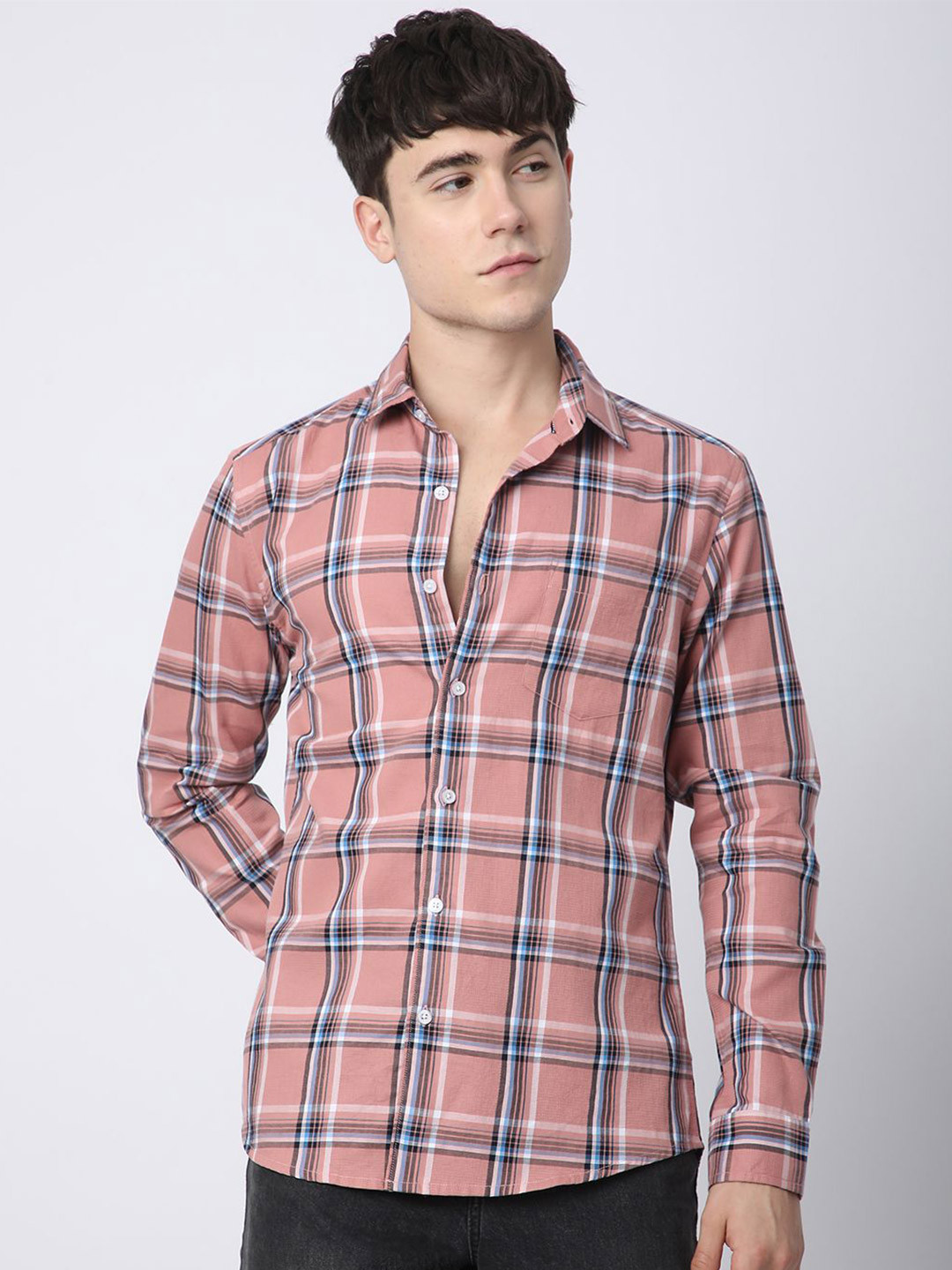 VASTRADO Premium Cotton Dark Peach Dupplin Checked Pure Cotton Slim Fit Shirt