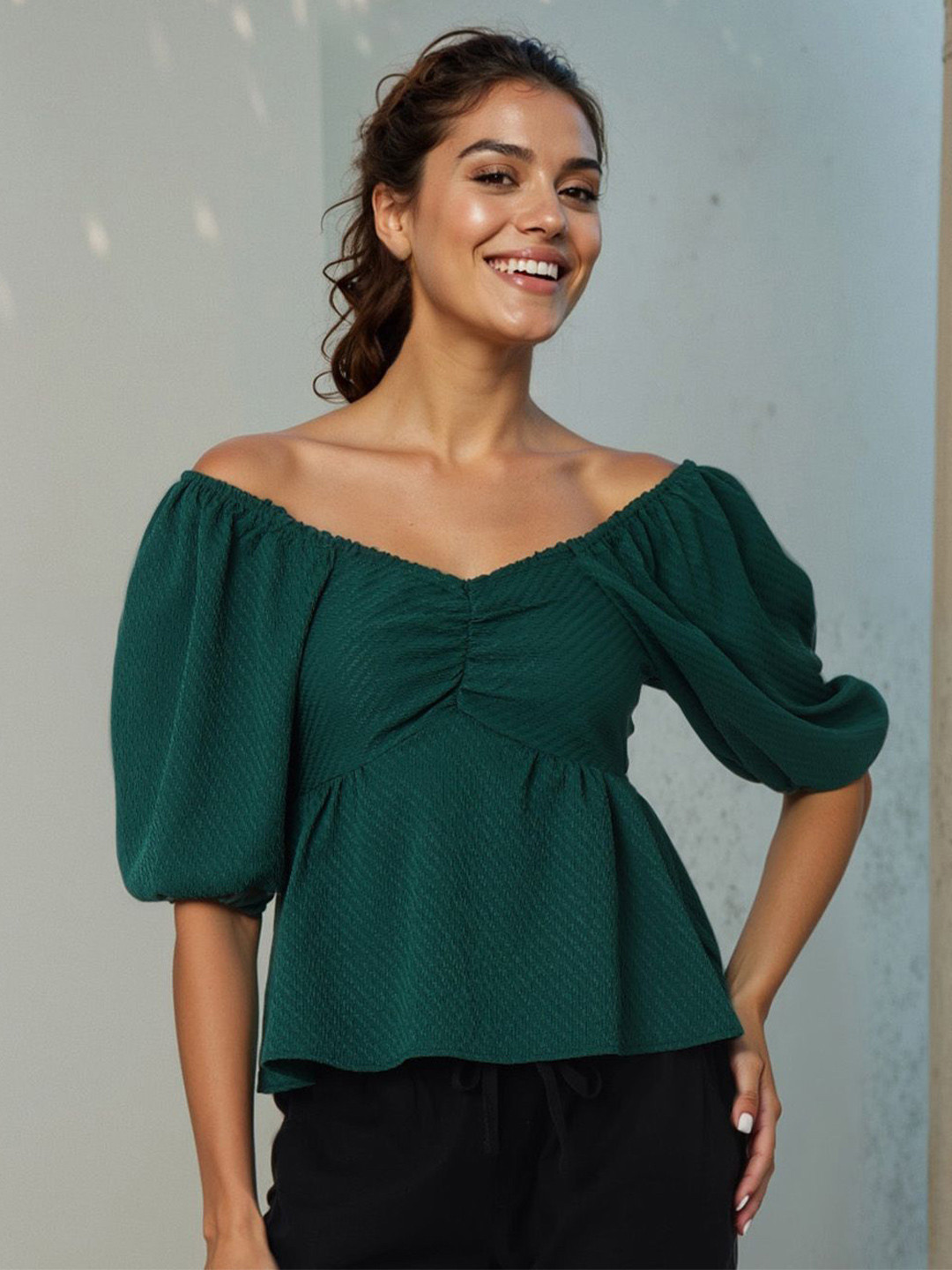 Freehand by The Indian Garage Co Women Textured Tie-Ups Sweetheart Neck Bardot Top