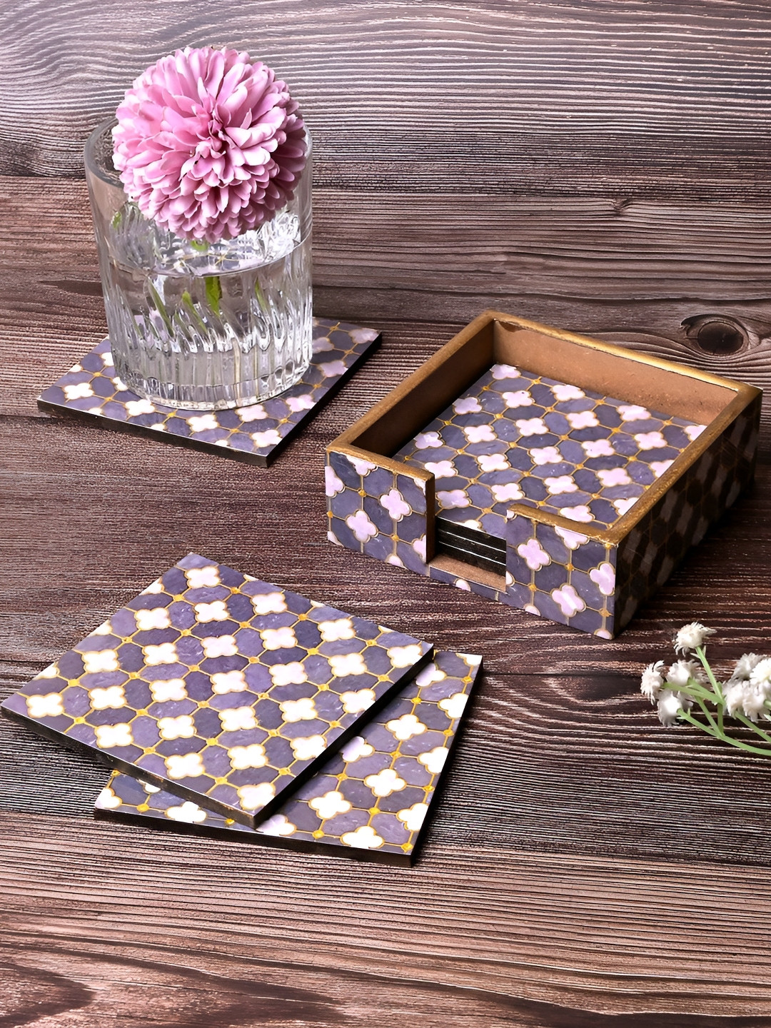 Storepedia 6 Pieces Grey & Pink Mosaic Printed Square Wooden Coasters With Stand