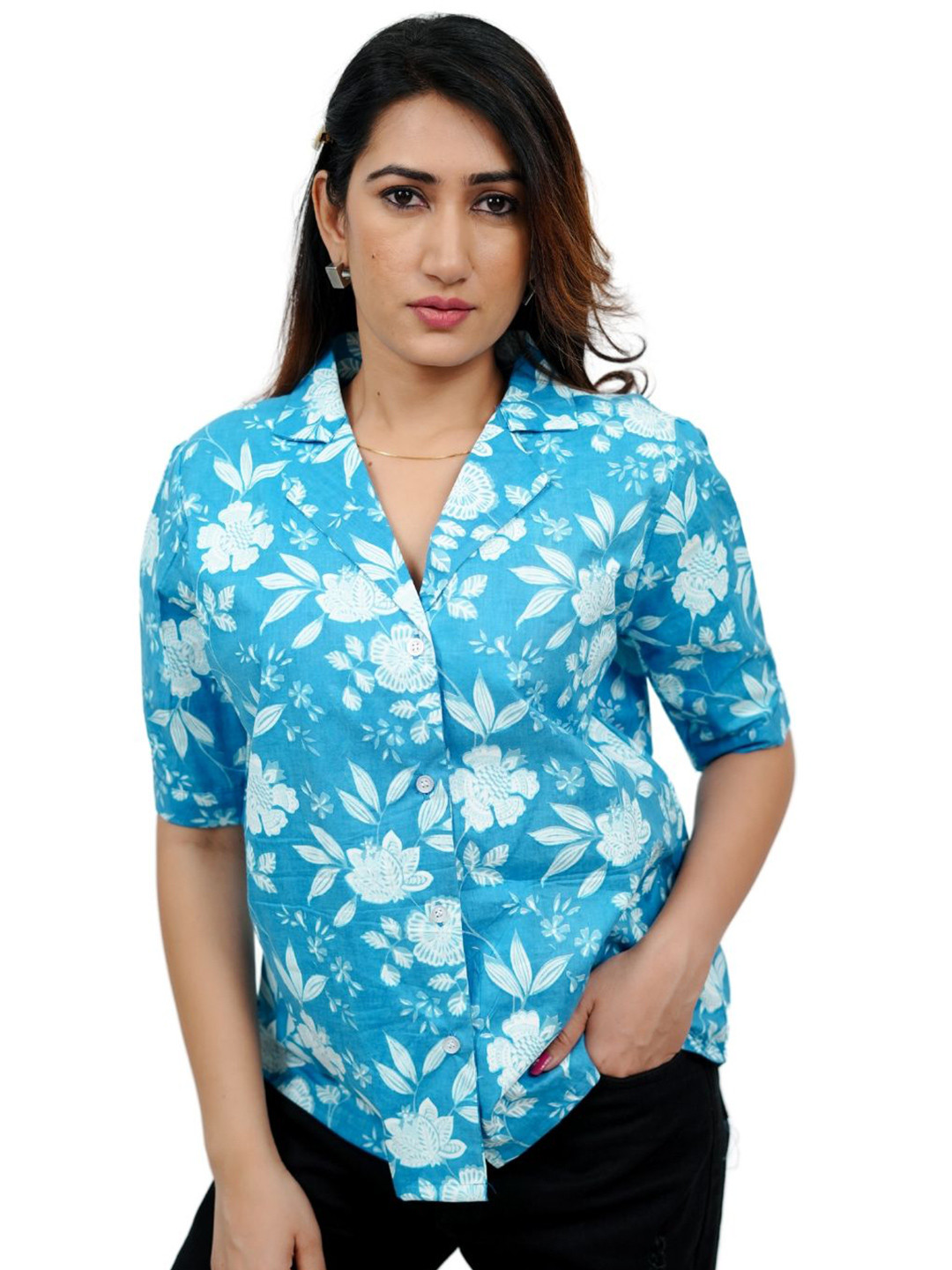 BELLO DONA CLOTHING Women Floral Printed Lapel Collar Shirt Style Top