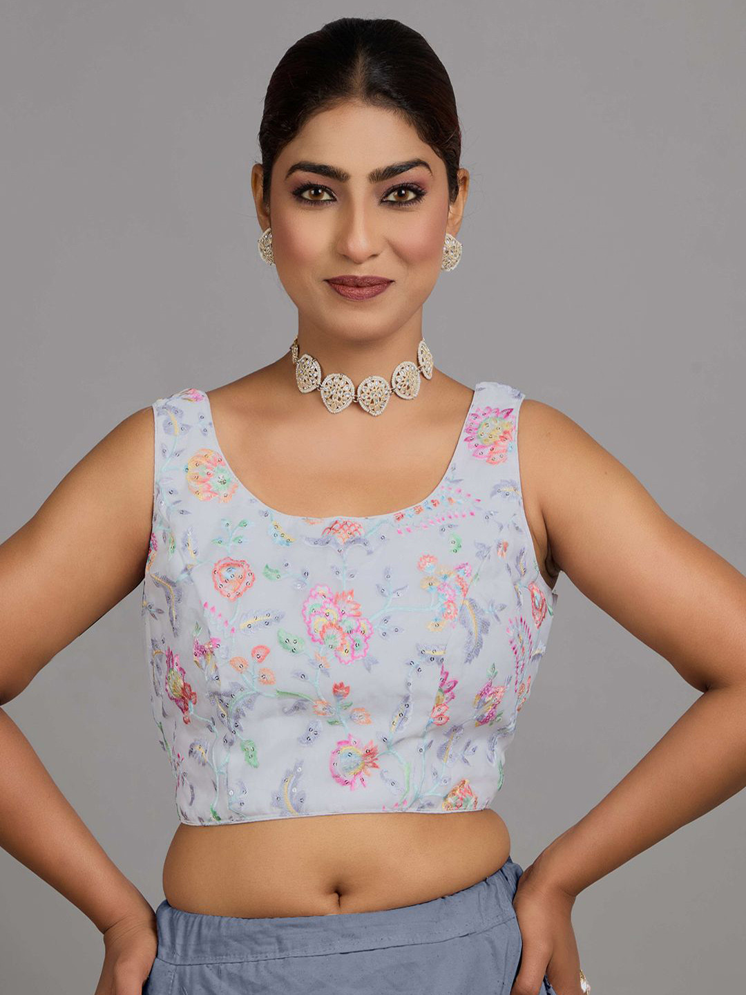 Ethnovog Women Embroidered Round Neck Sleeveless Saree Blouse