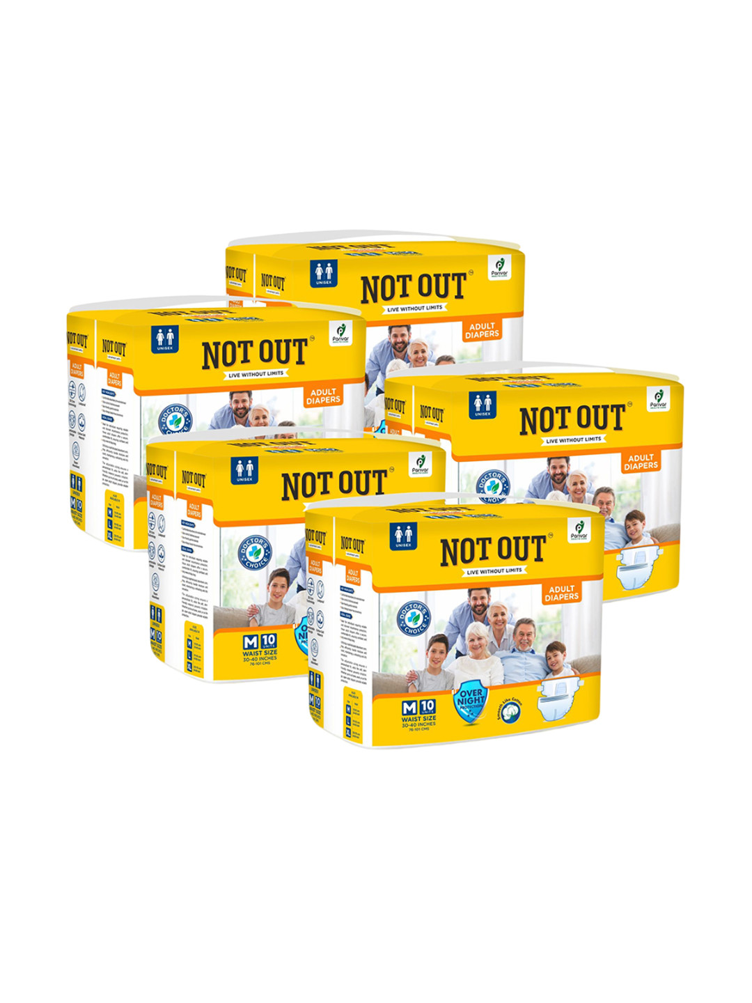 Not Out Set Of 5 3D Core Technology Diapers - 10 Pieces Each - M