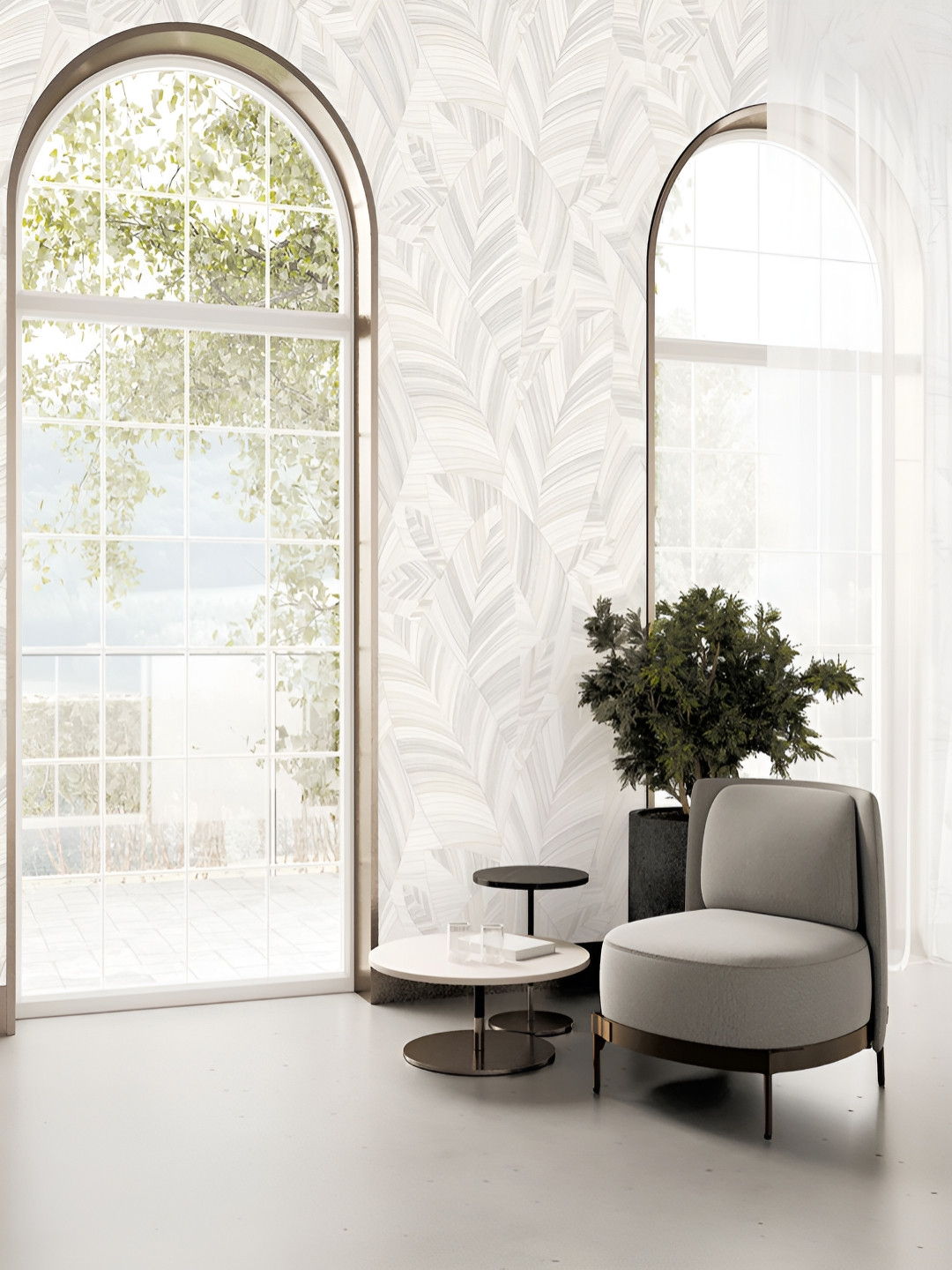 Fedora Wallpapers Ramsey Leaves Grey & White 3D Floral Printed Waterproof Wallpaper