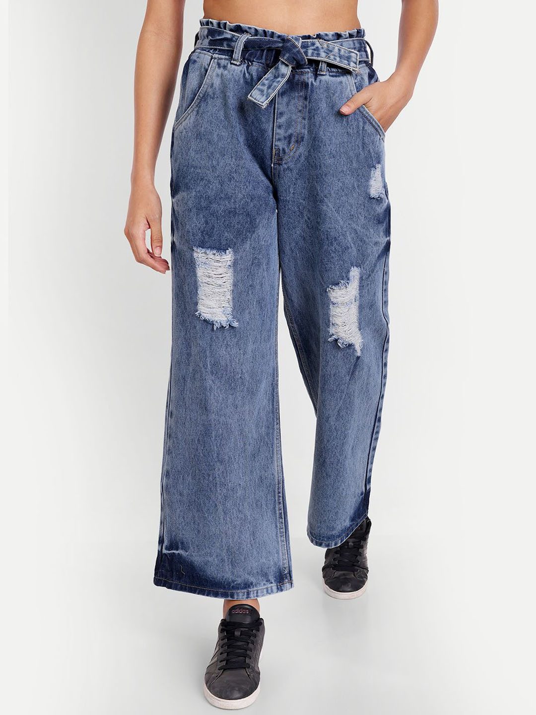 Moda Rapido Women Jean Wide Leg High-Rise Highly Distressed Light Fade Denim Jeans
