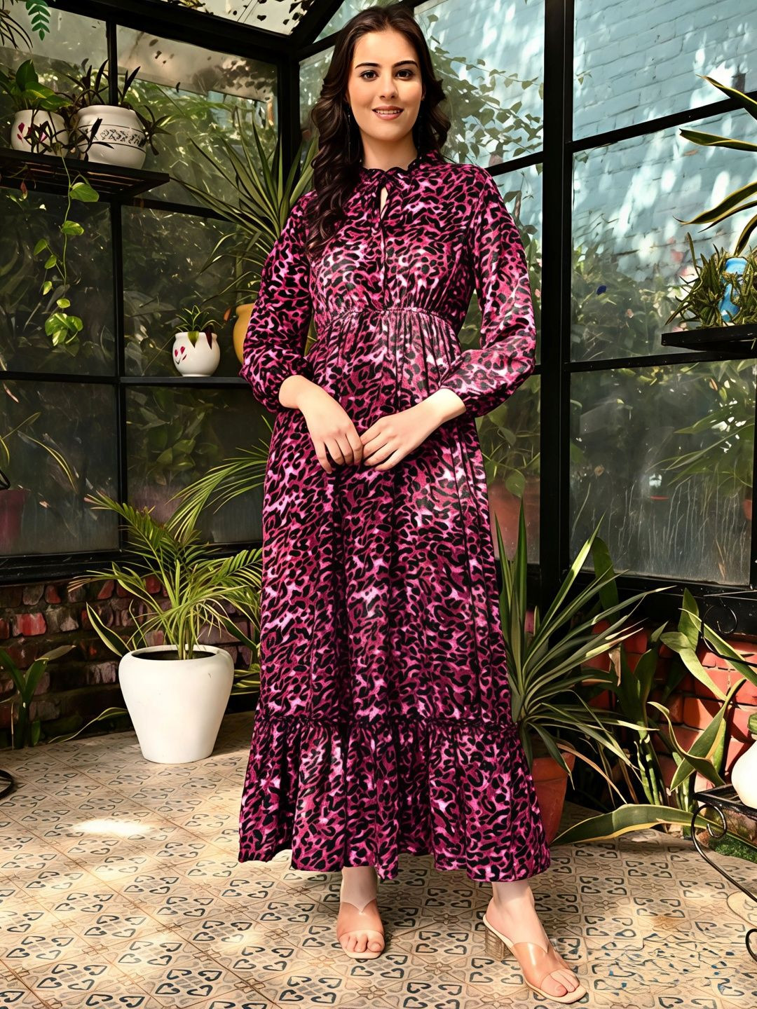 ZWERLON Animall Print Tie-Up Neck A-Line Maxi Dress