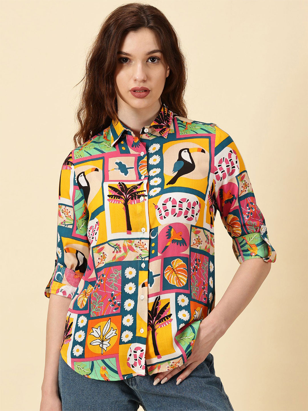 PURPLE FLAUNT Women Bird Print Shirt