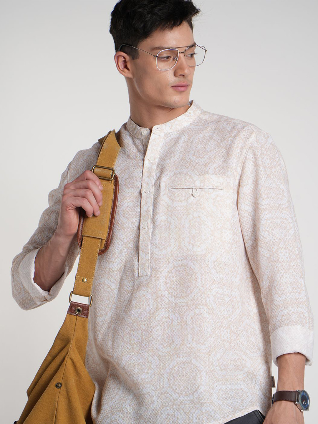 Voi Jeans Men Printed Band Collar Casual Shirt