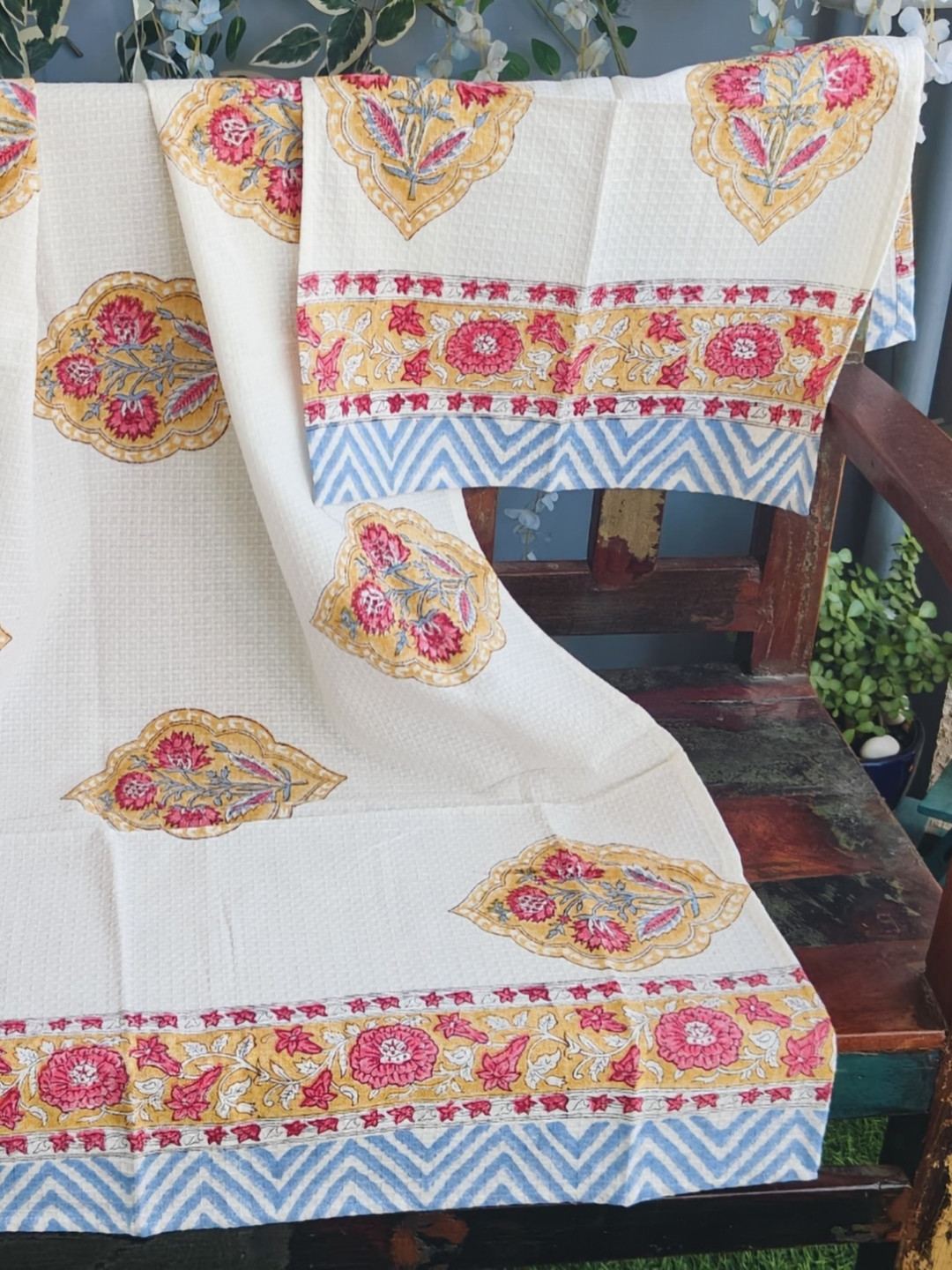 Pink Potli White & Yellow 3 Pieces Floral Printed Organic Cotton 300 GSM Bath Towel