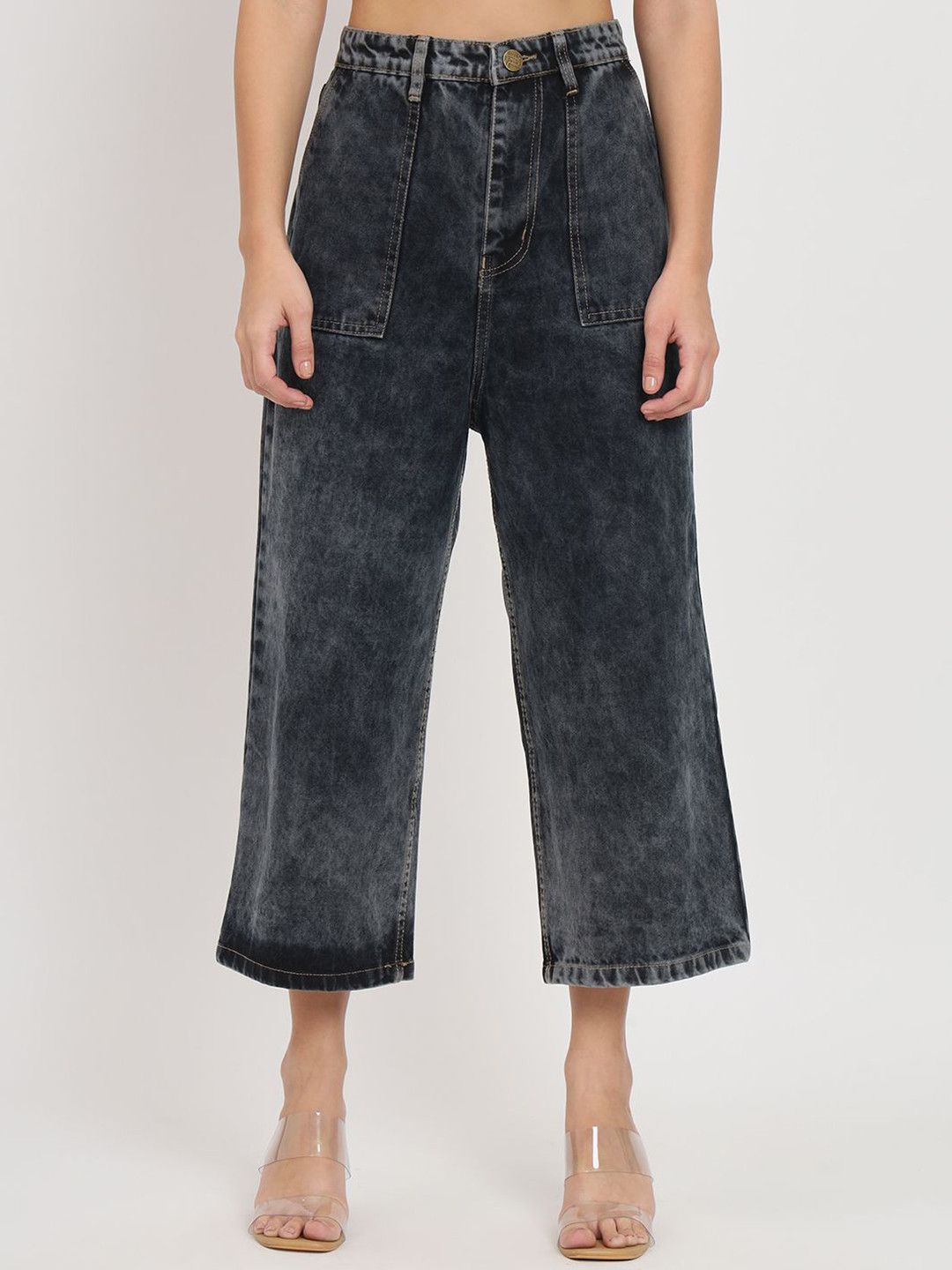 Moda Rapido Women Jean Wide Leg High-Rise Light Fade Acid Wash Cotton Denim Jeans