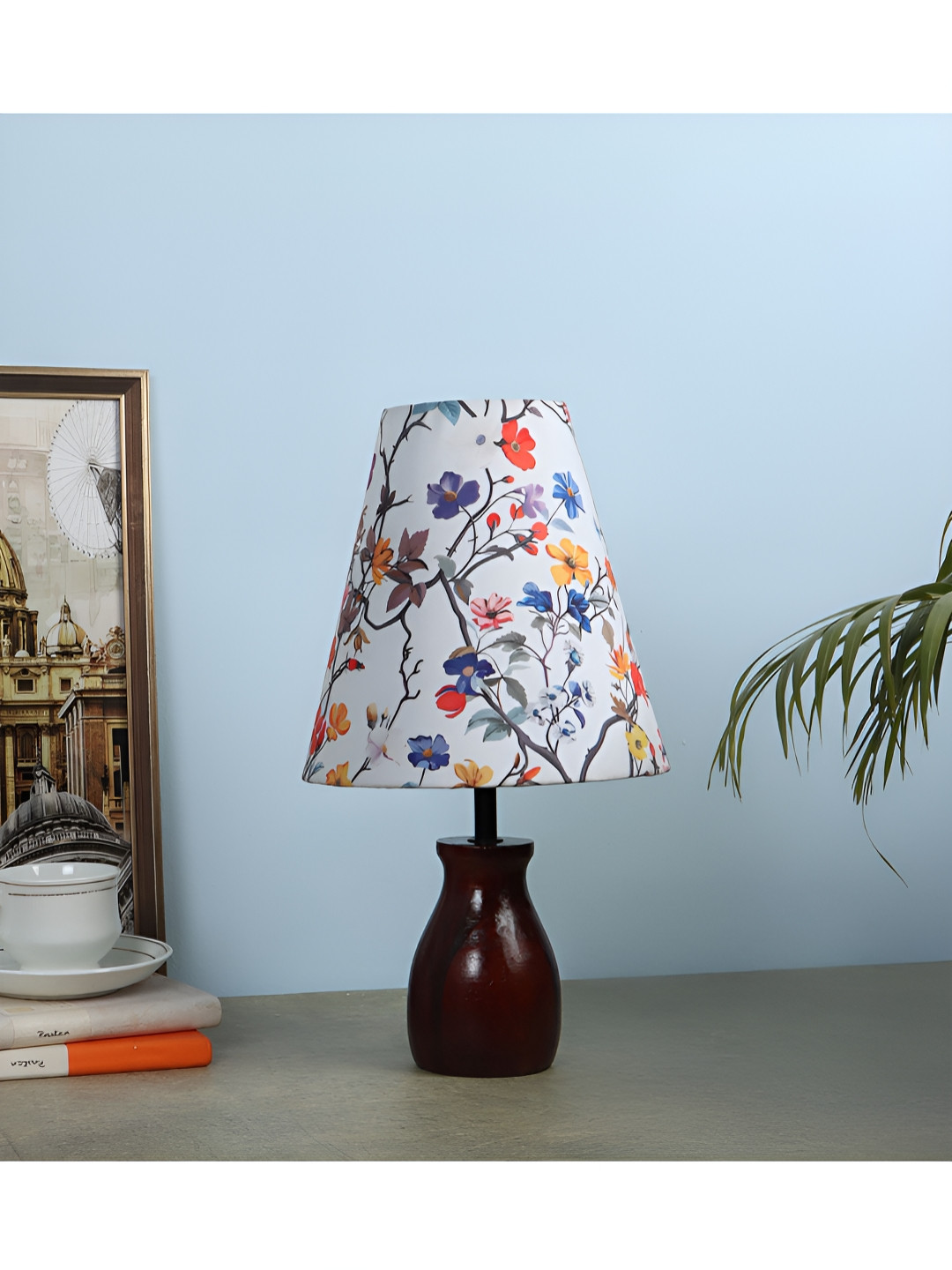 Two Moustaches White & Blue Floral Printed Metal Frustum Shaped Table Lamp
