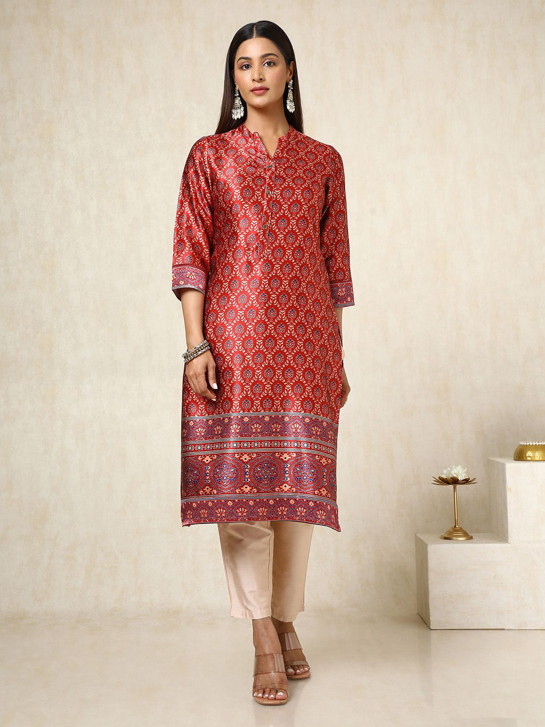 Soch Floral Printed Mandarin Collar Mashru Straight Kurta