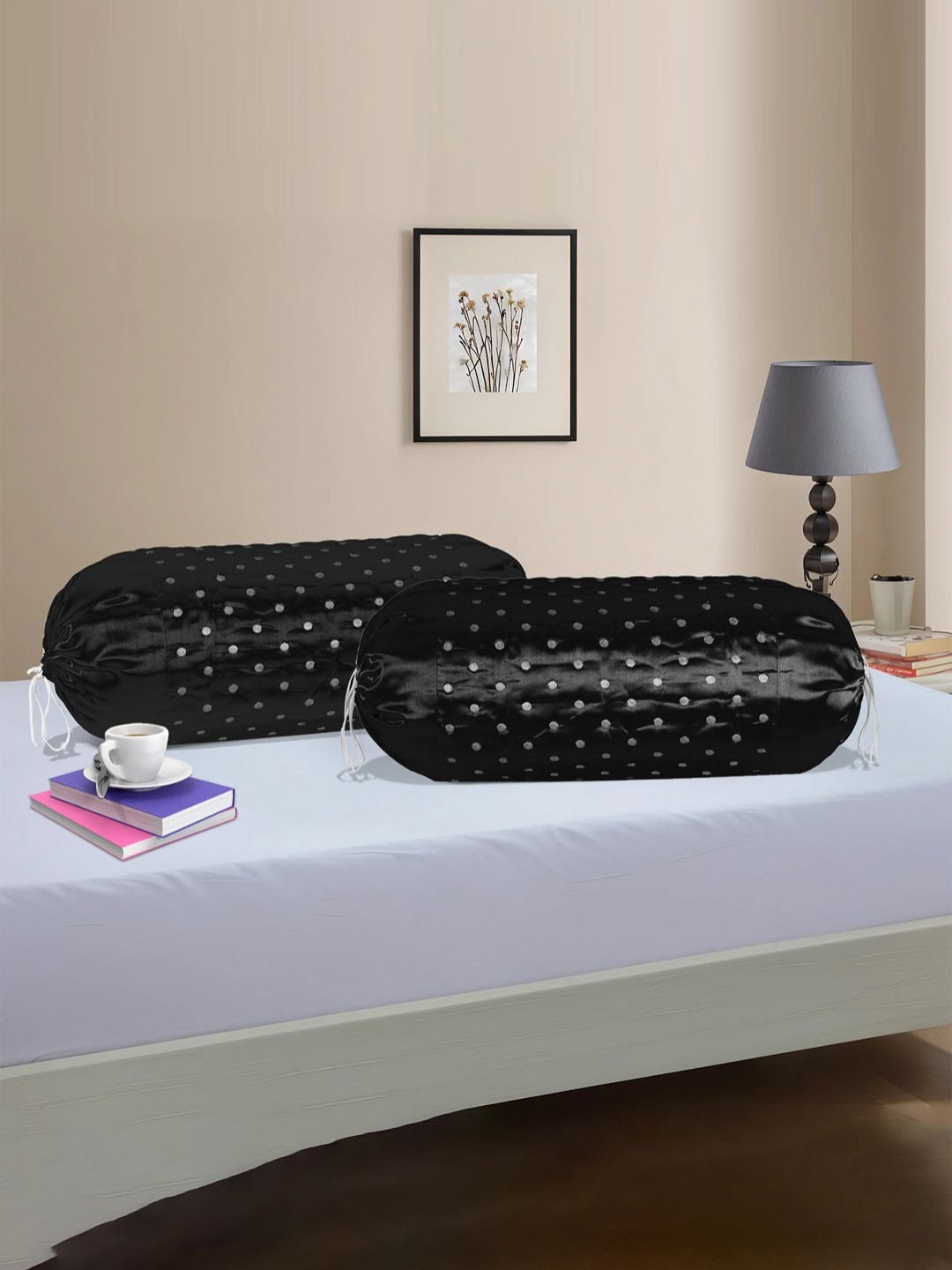 Myntra Elegant Homes 2-Pcs Black Polka Dot Printed Allergen Free Bolster Covers