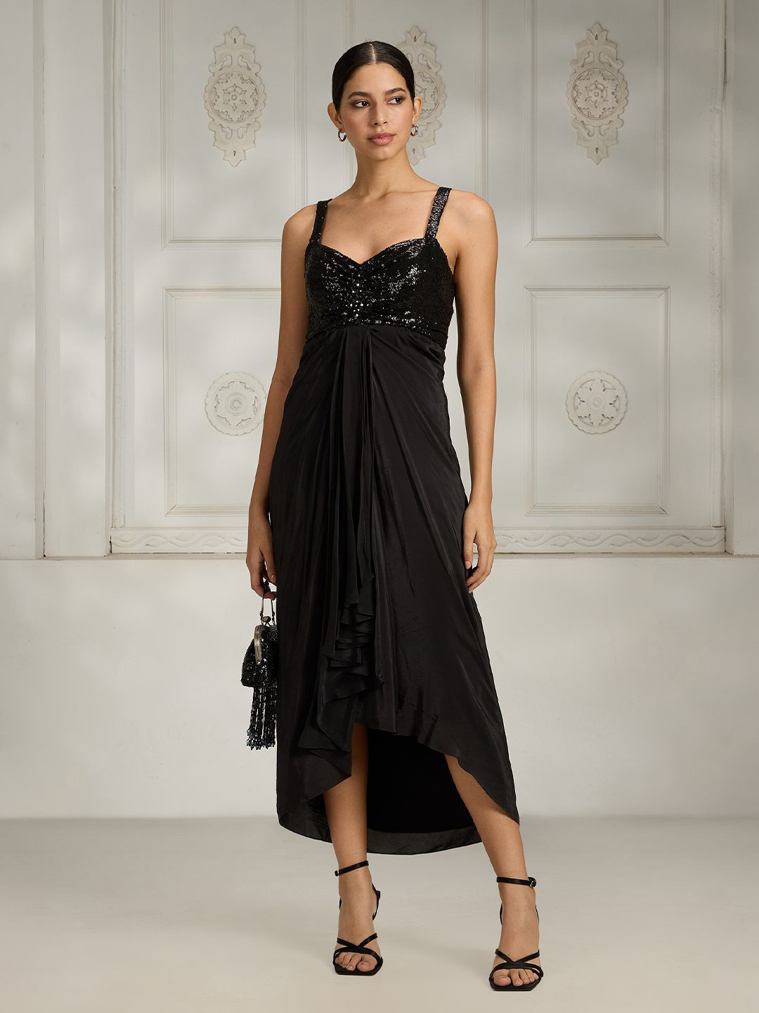 Rivaar By Rocky Star Solid Sequined Sweetheart Neck Shoulder Straps Midi A-Line Dress